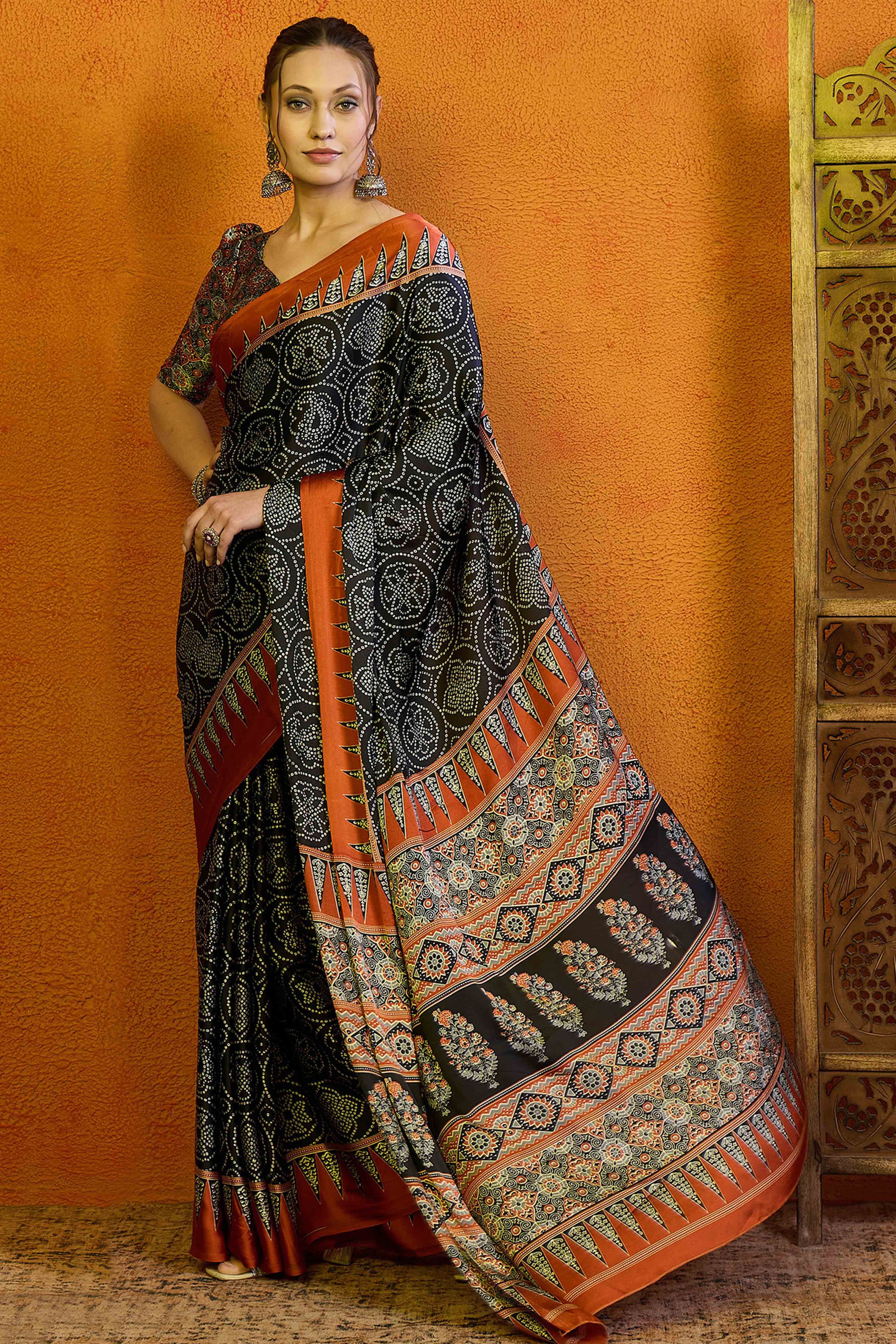 Black & Orange Bandhani Printed Modal Satin Saree