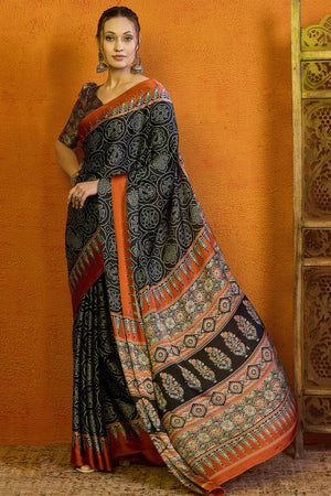 Black & Orange Bandhani Printed Modal Satin Saree