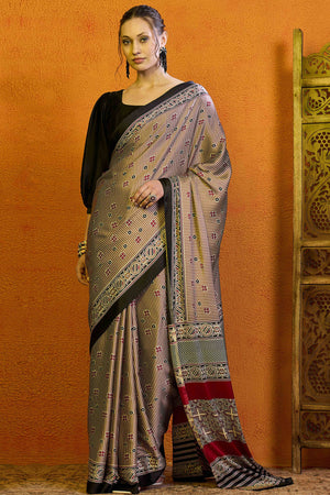 Dusty Peach Floral With Striped Printed Modal Satin Saree