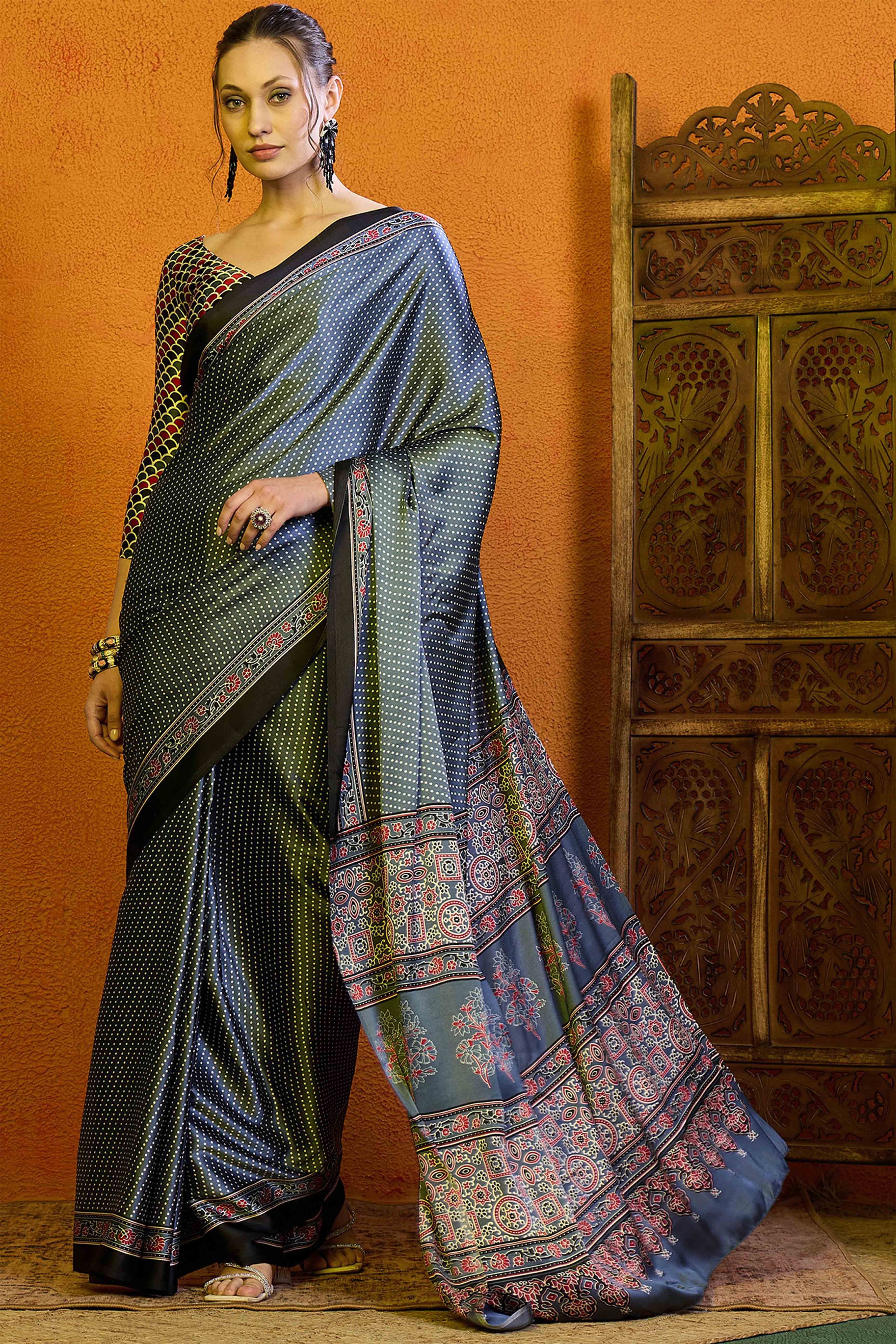 Blue Printed Modal Satin Saree