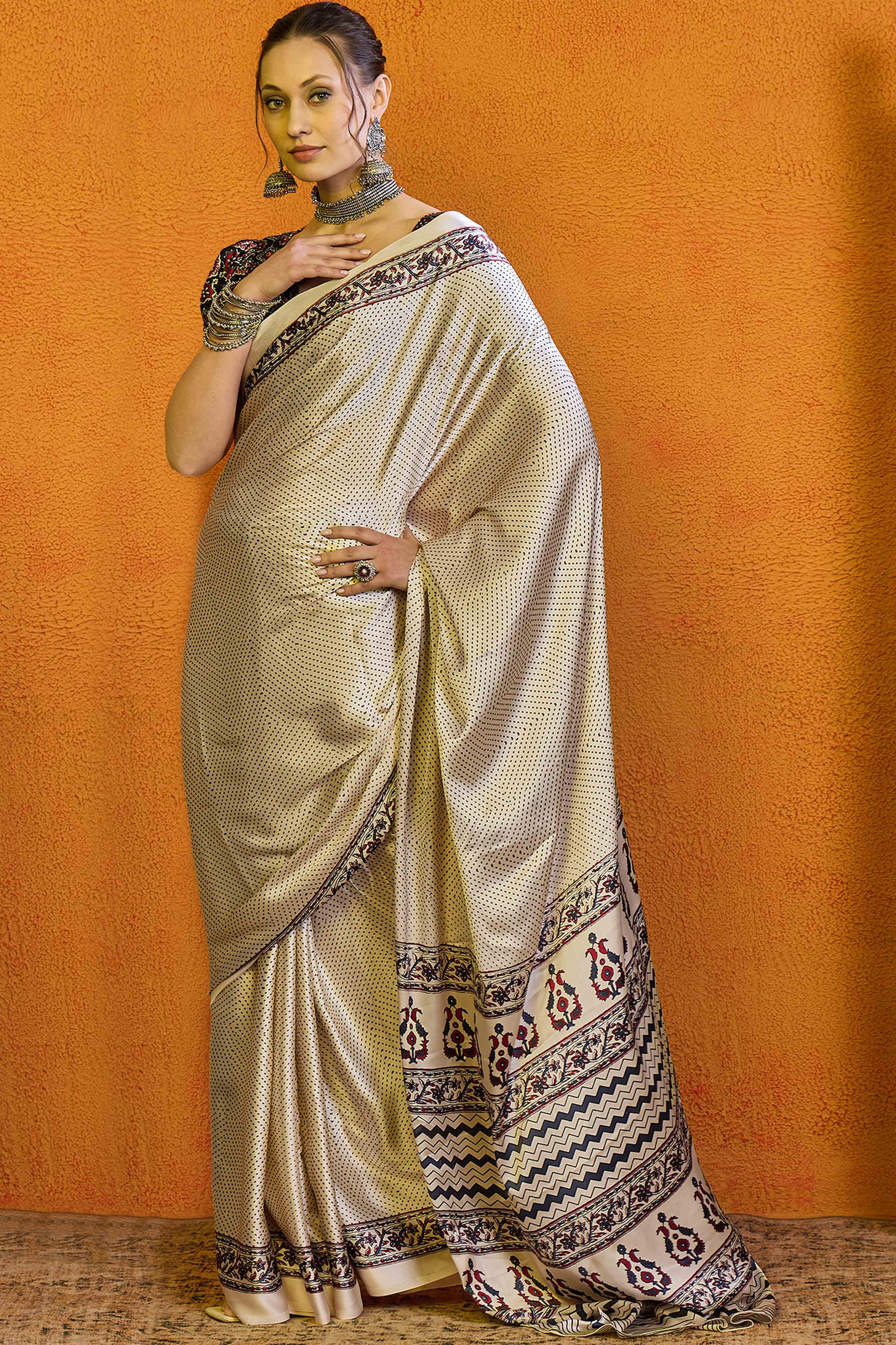 Cream Printed Modal Satin Saree