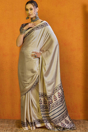 Cream Printed Modal Satin Saree