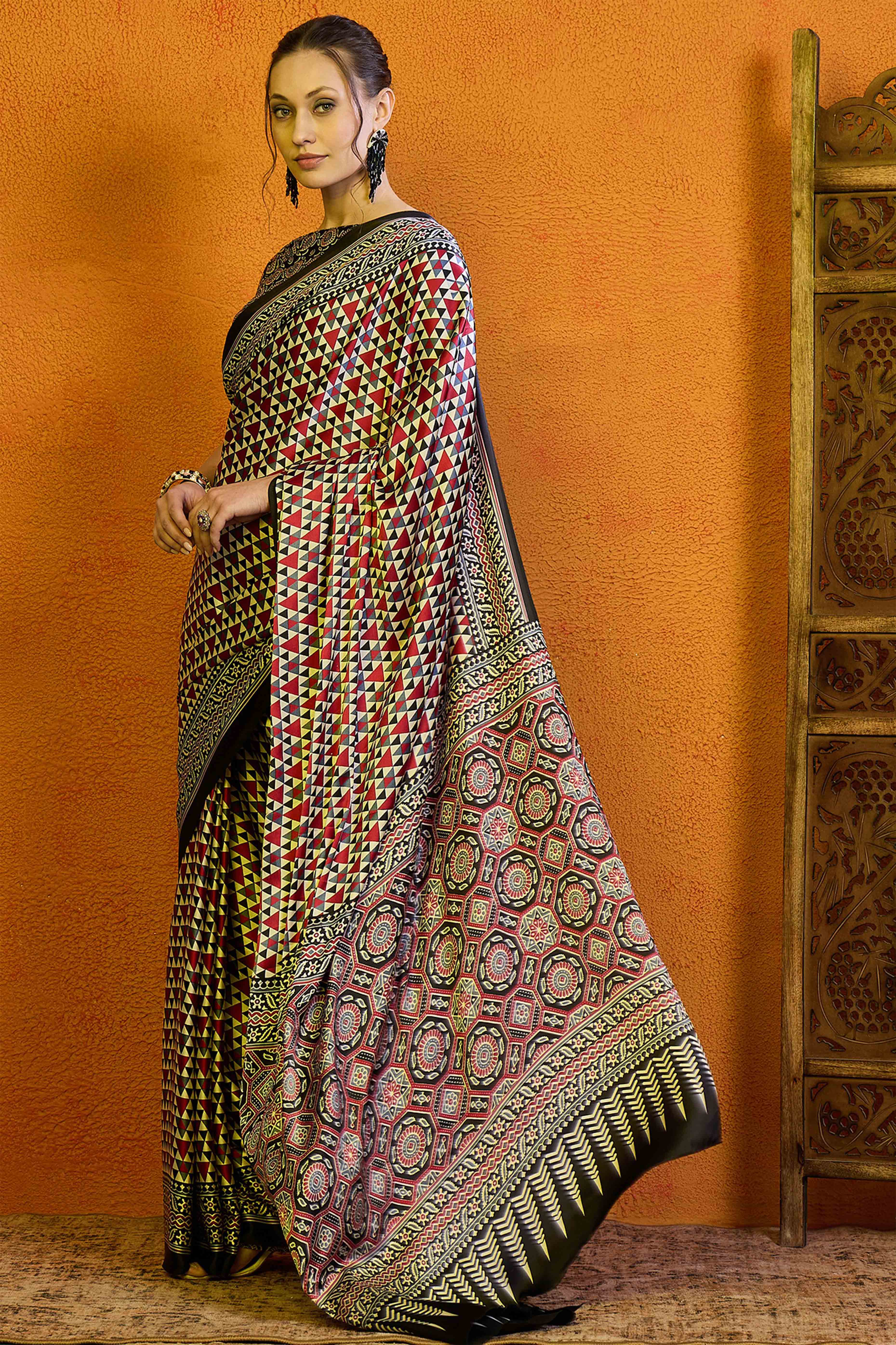Black & Red Geometric Printed Modal Satin Saree