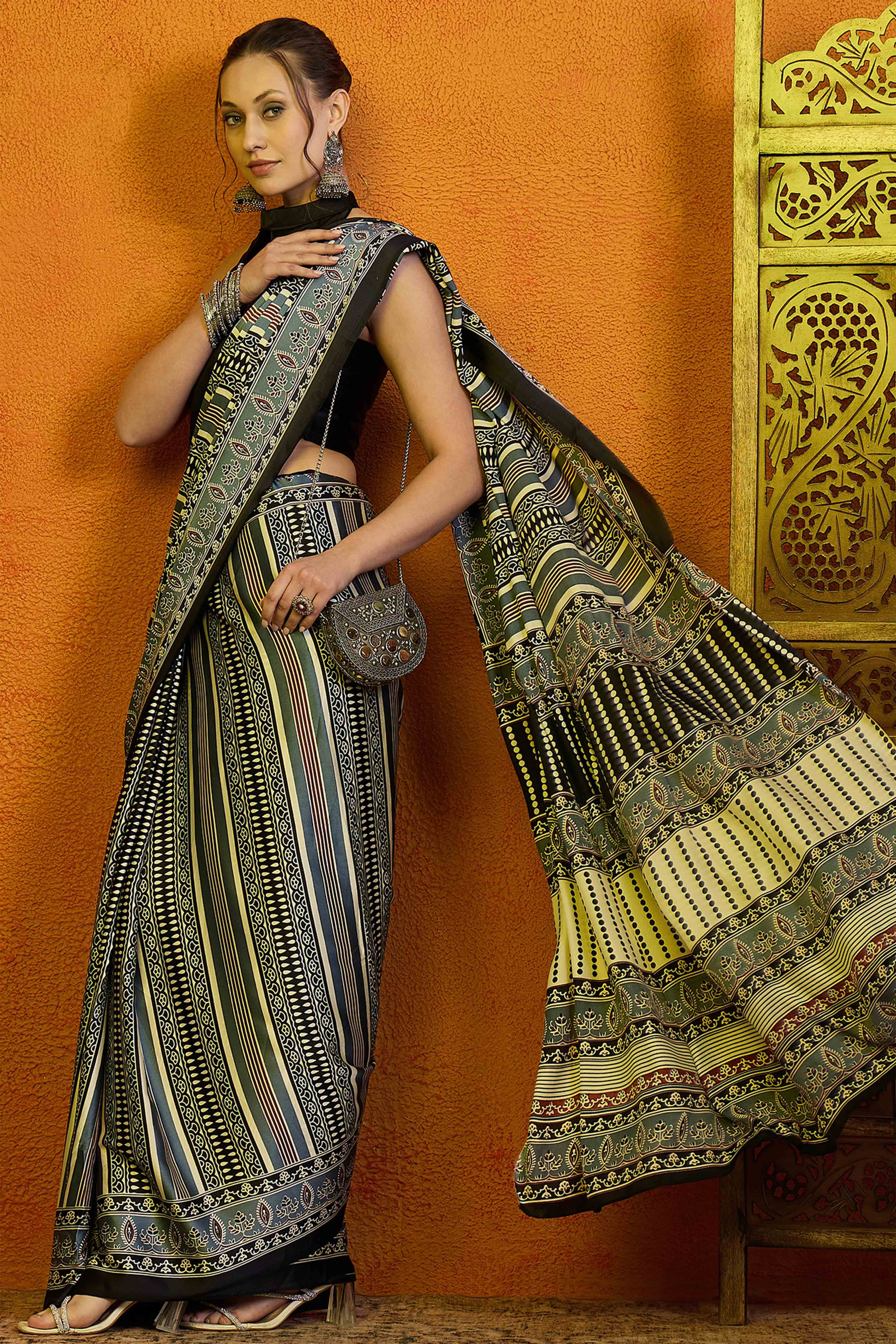 Grey Printed Modal Satin Saree