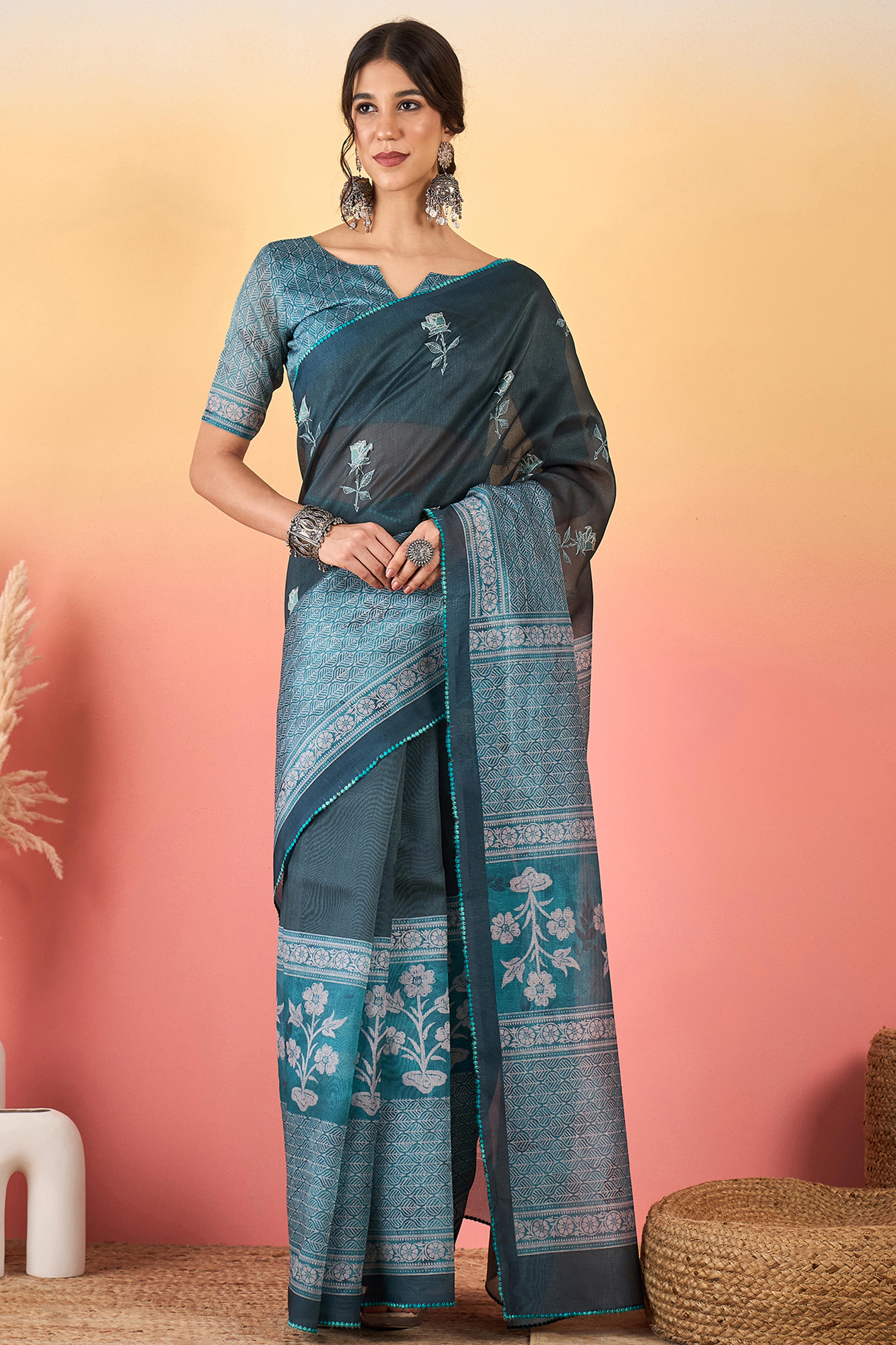 Teal Floral Embroidered Saree Made from Premium Lightweight Silk Blend Material