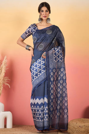 Navy Blue Floral Embroidered Saree Made from Premium Lightweight Silk Blend Material