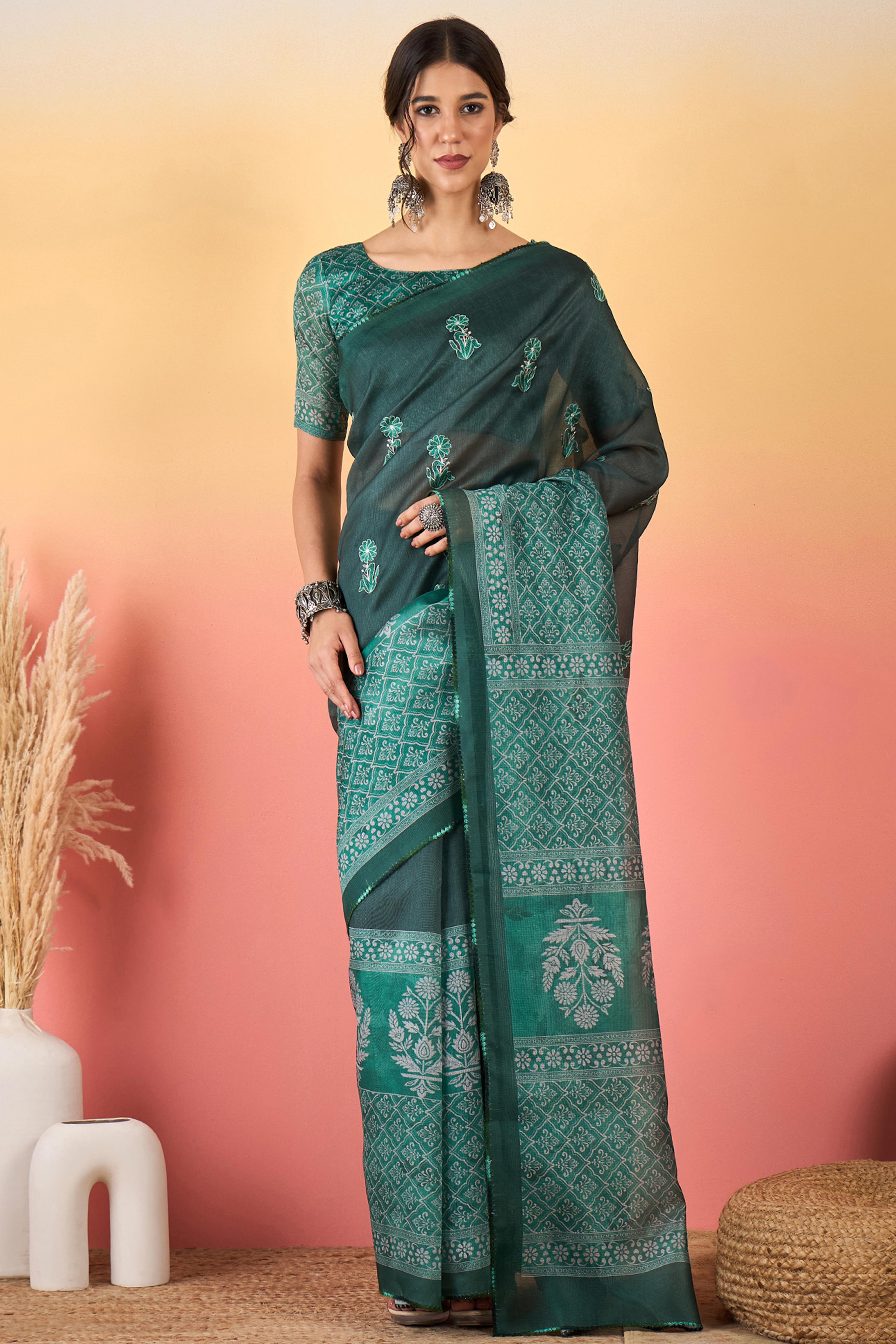 Green Floral Embroidered Saree Made from Premium Lightweight Silk Blend Material