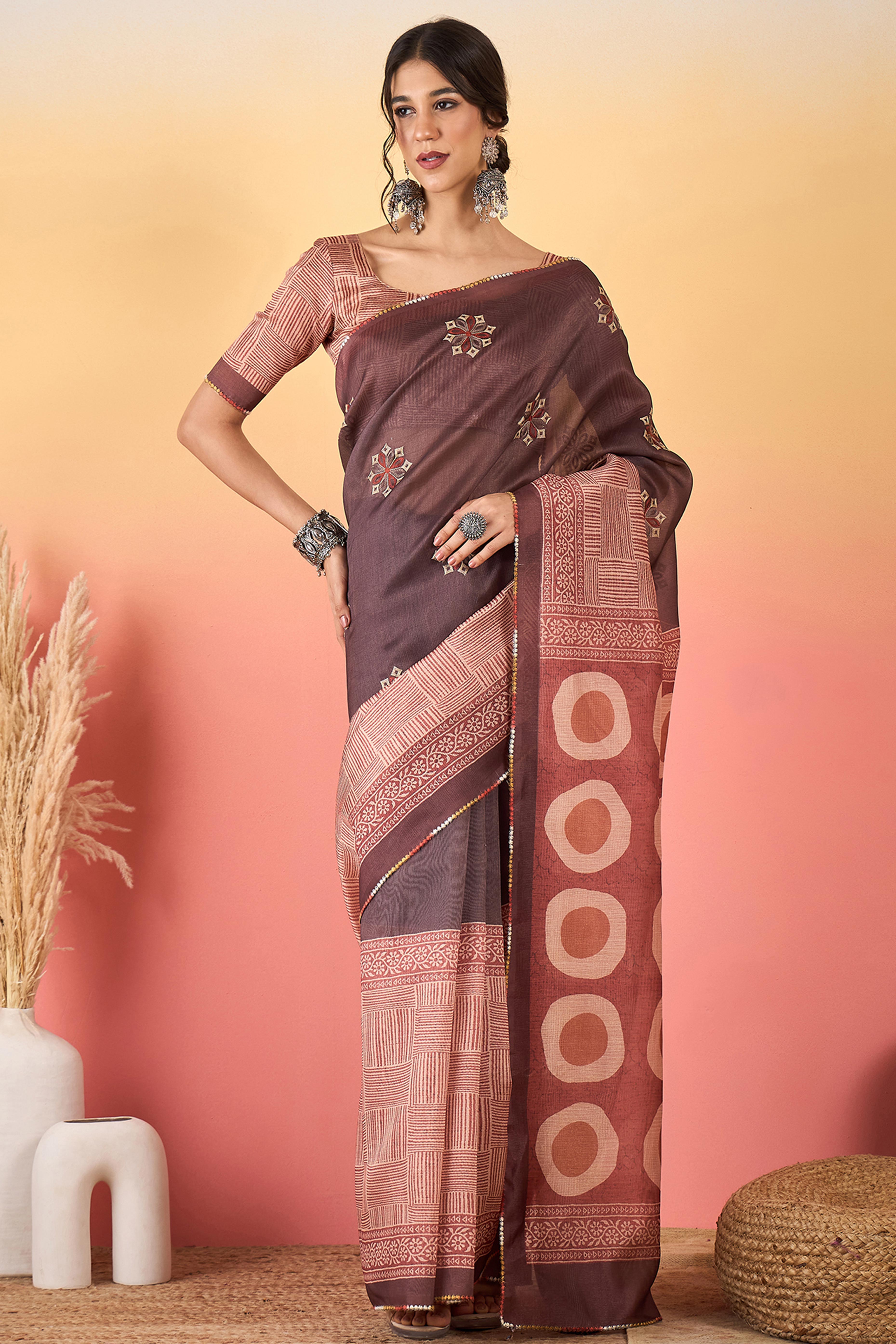 Light Coffee Brown Floral Embroidered Saree Made from Premium Lightweight Silk Blend Material
