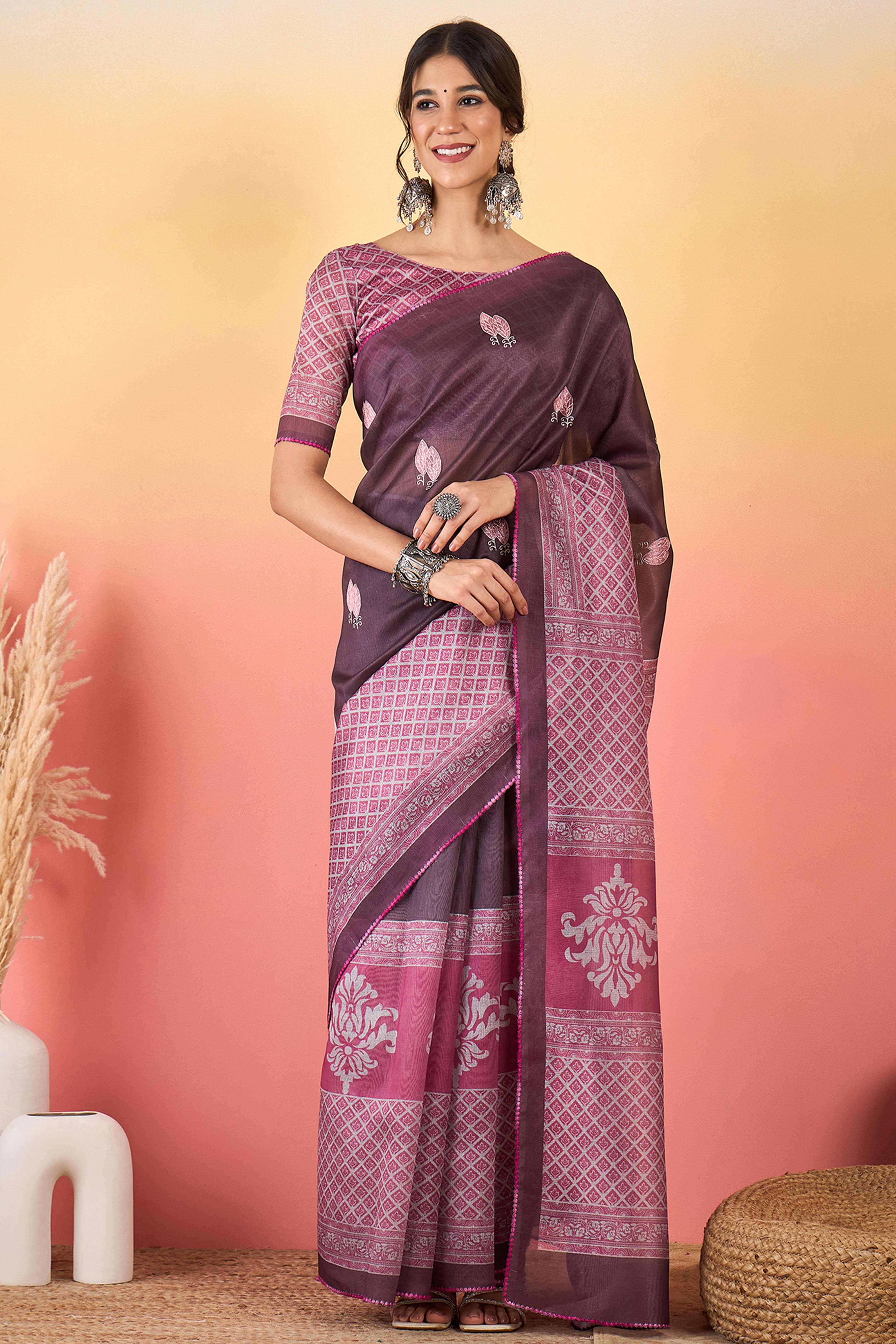 Wine Floral Embroidered Saree Made from Premium Lightweight Silk Blend Material