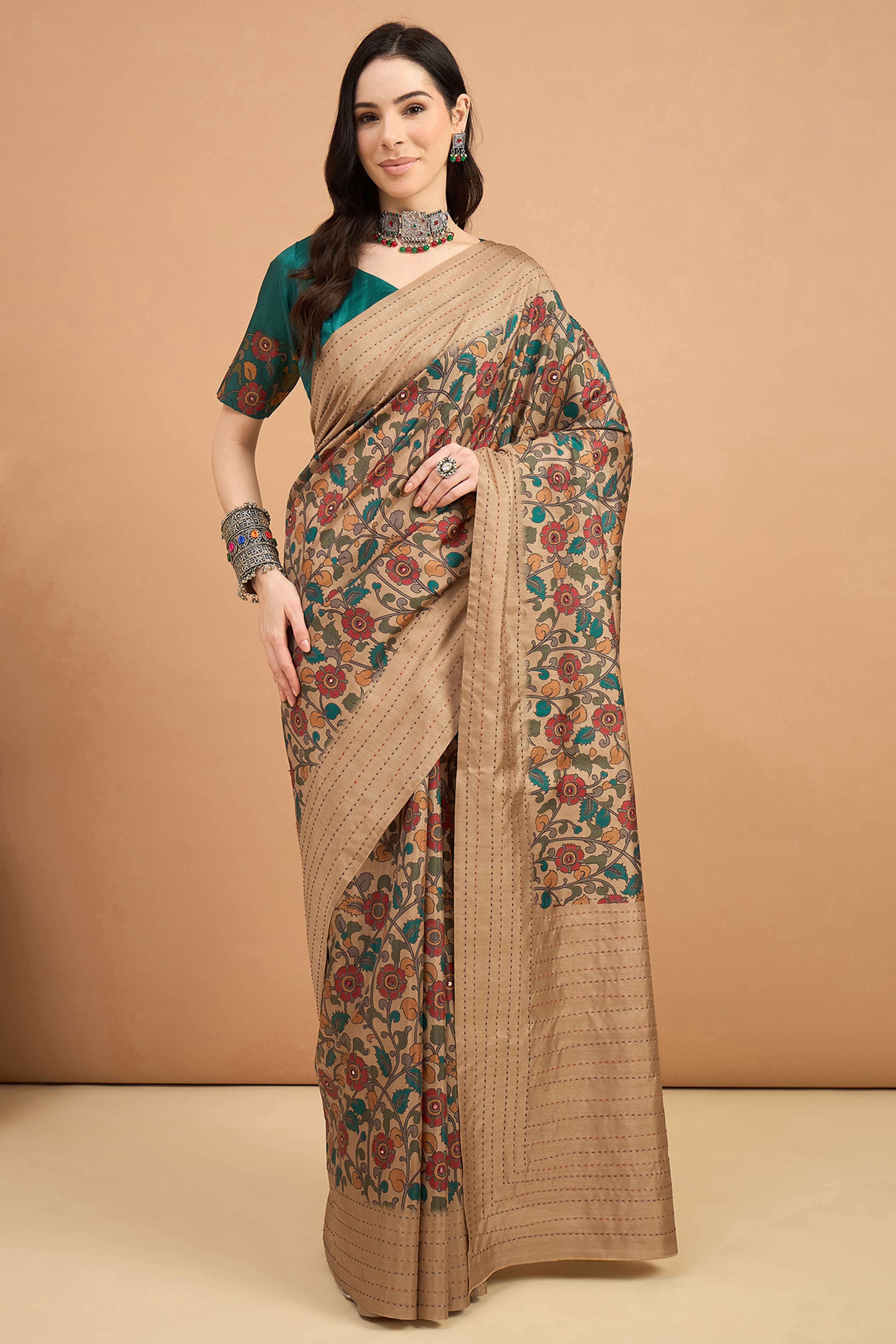 Elegant Beige Floral Printed Kozi Art Silk Saree With Shimmering Mirror & Intricate Katha Stitched