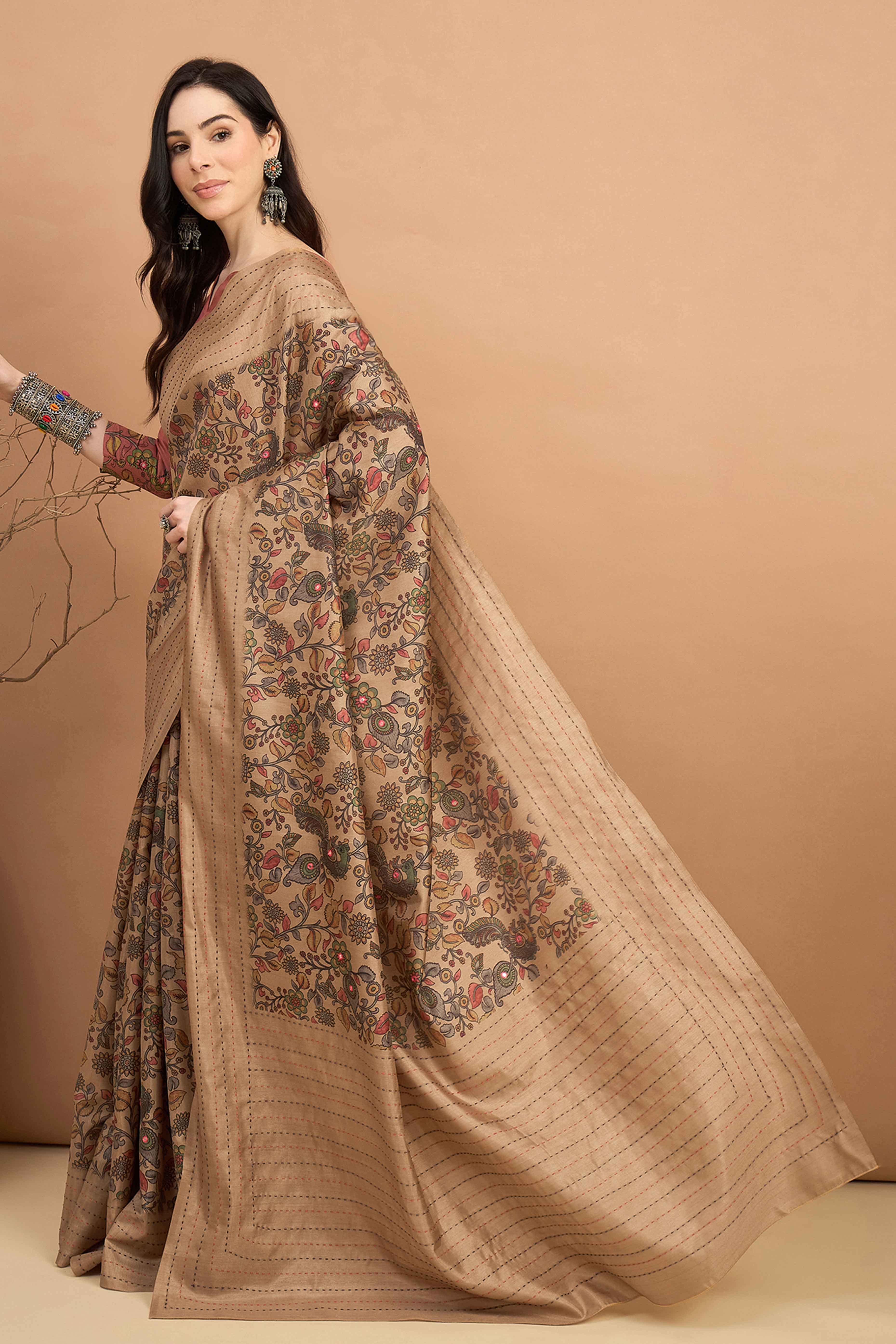 Majestic Beige Floral Printed Kozi Art Silk Saree With Shimmering Mirror & Intricate Katha Stitche