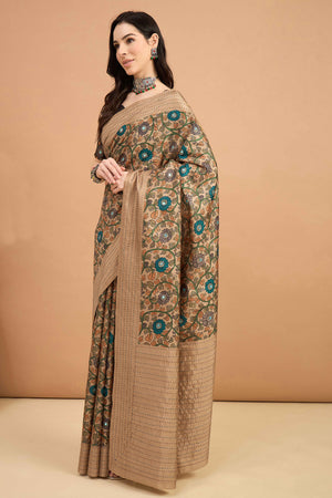 Refreshing Beige Floral Printed Kozi Art Silk Saree With Shimmering Mirror & Intricate Katha Stitched