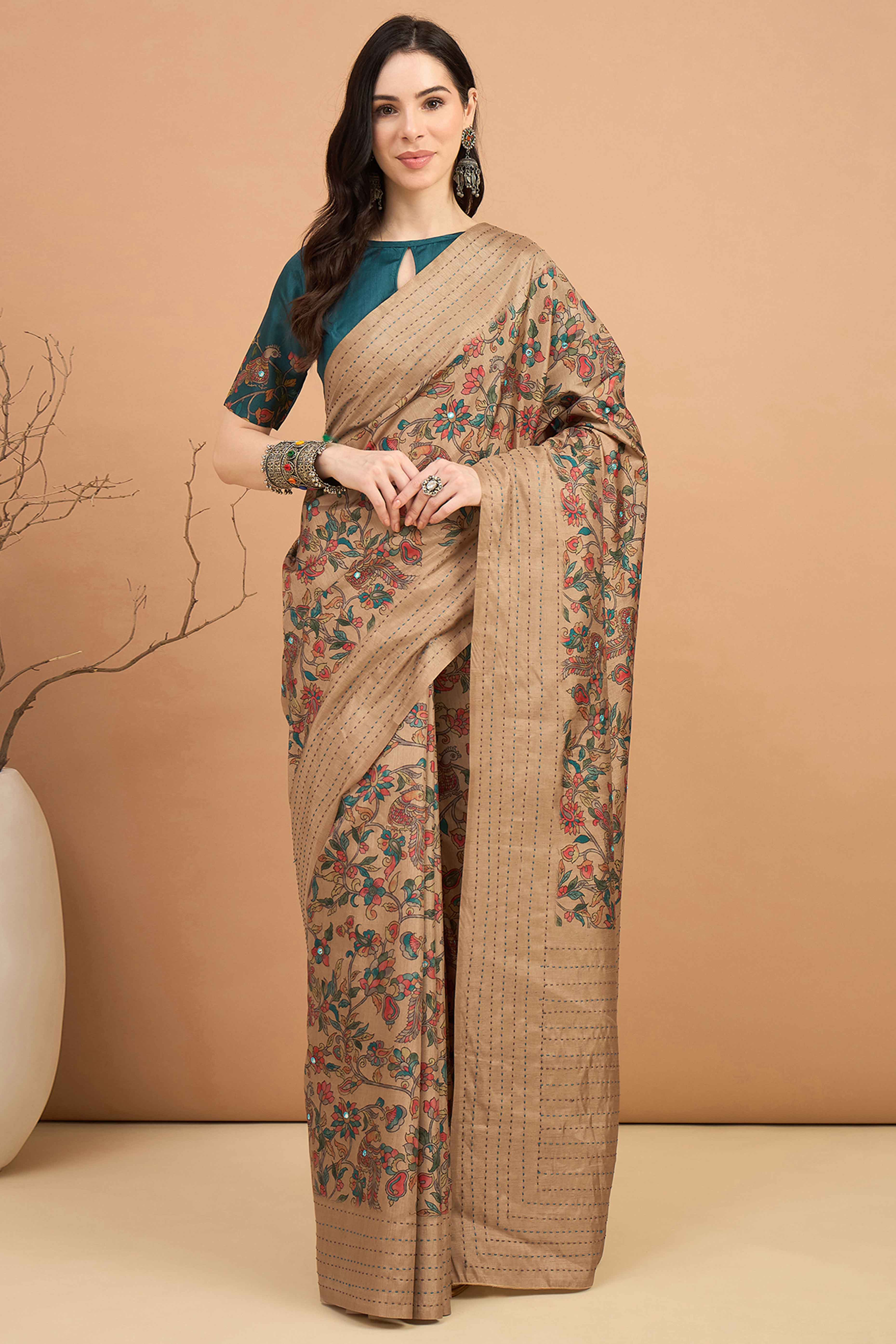 Dazzling Beige Floral Printed Kozi Art Silk Saree With Shimmering Mirror & Intricate Katha Stitched
