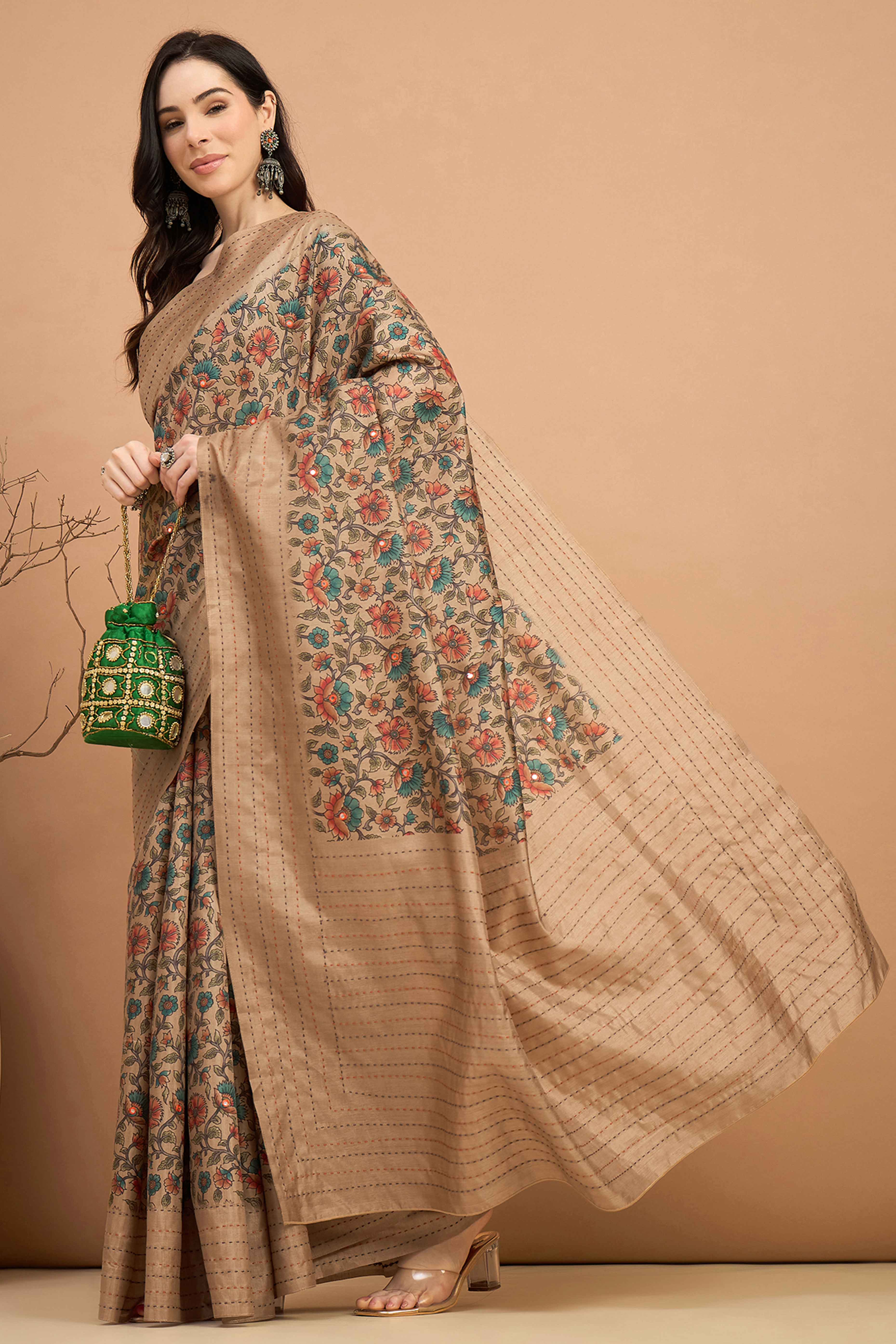 Stunning Beige Floral Printed Kozi Art Silk Saree With Shimmering Mirror & Intricate Katha Stitched