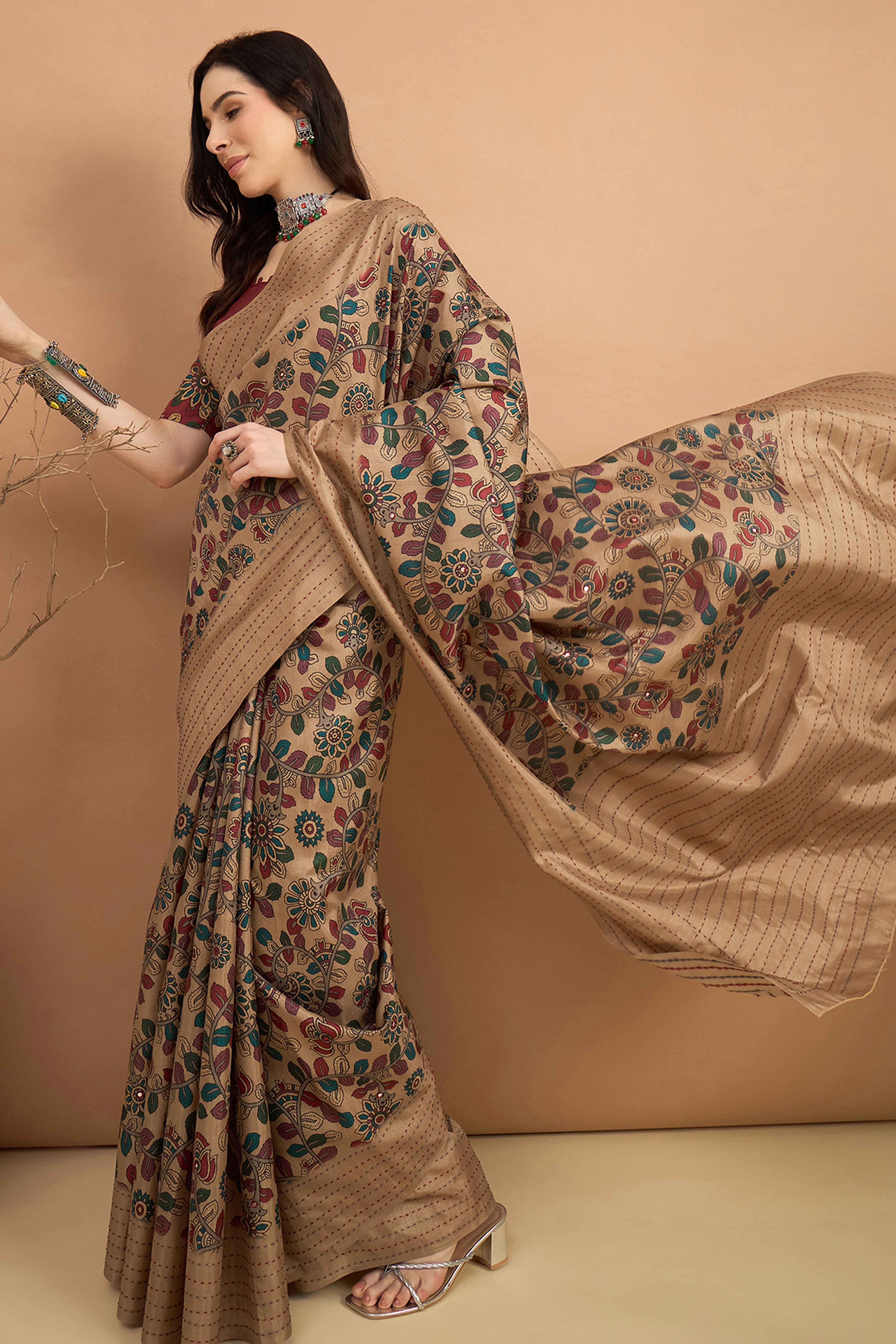 Refreshing Beige Floral Printed Kozi Art Silk Saree With Shimmering Mirror & Intricate Katha Stitche