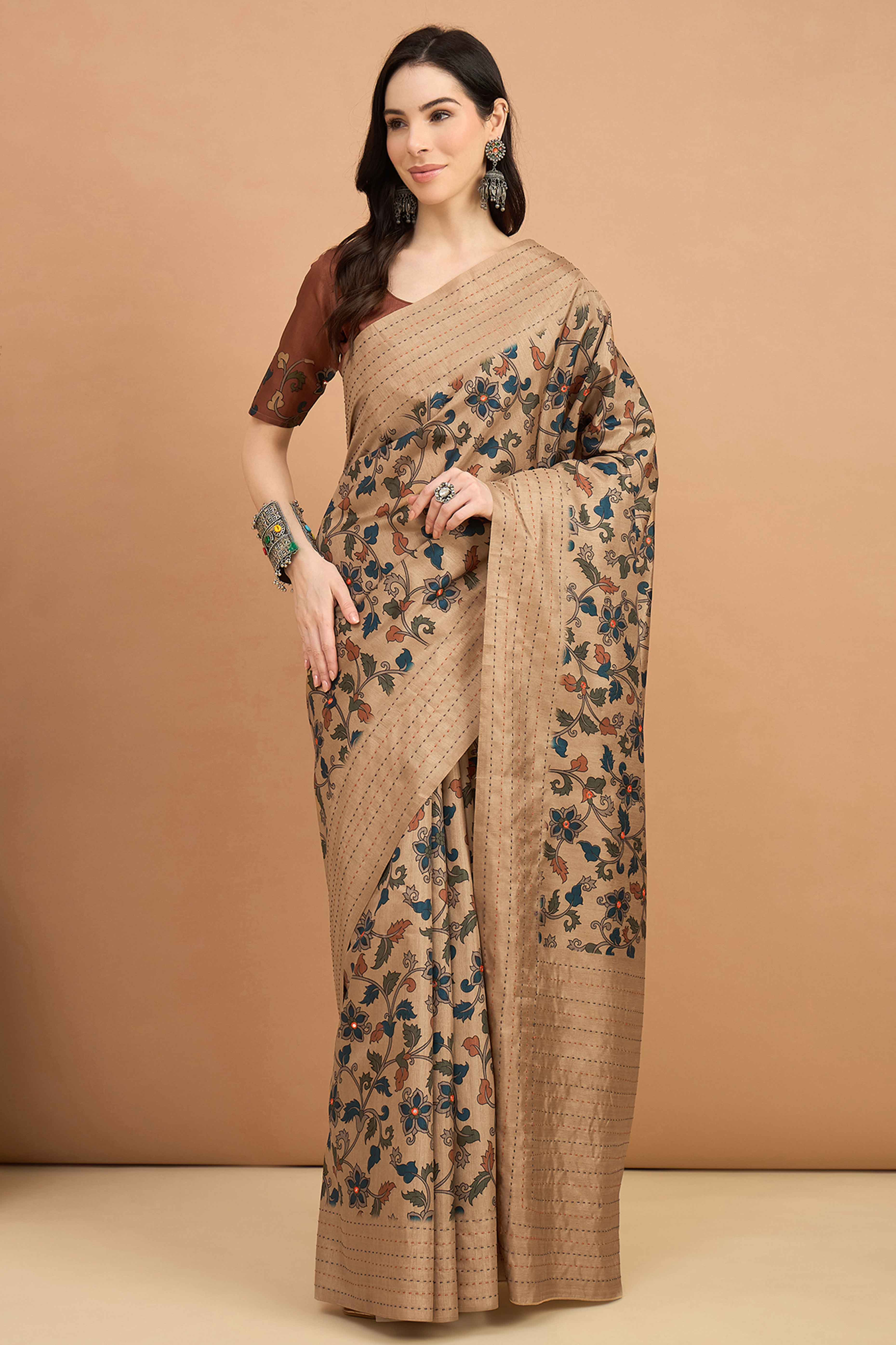 Elegant Beige Floral Printed Kozi Art Silk Saree With Shimmering Mirror & Intricate Katha Stitched