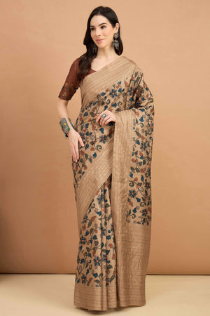 Elegant Beige Floral Printed Kozi Art Silk Saree With Shimmering Mirror & Intricate Katha Stitched