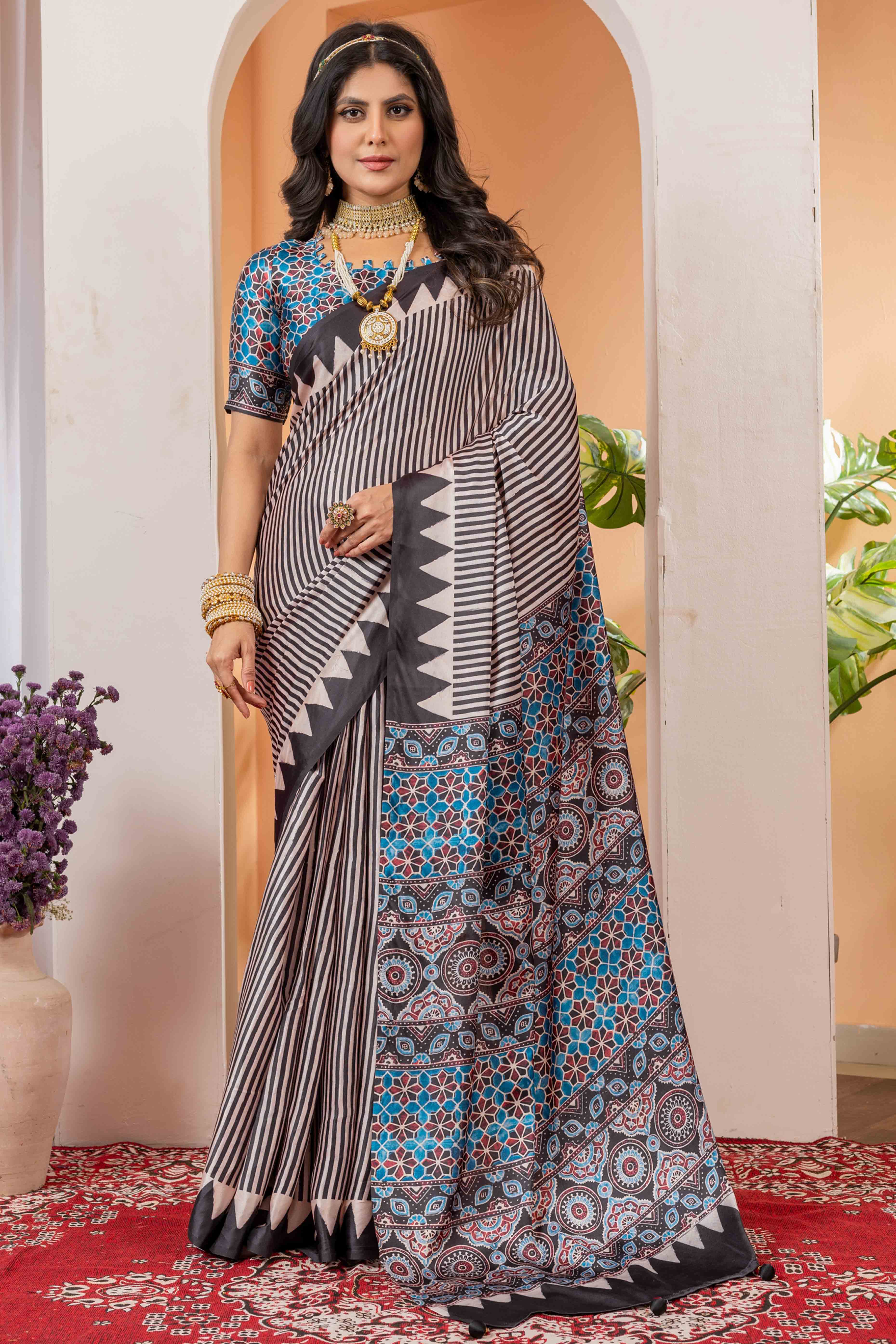 Elegant Black & Cream Satin Saree with Geometric Patterns