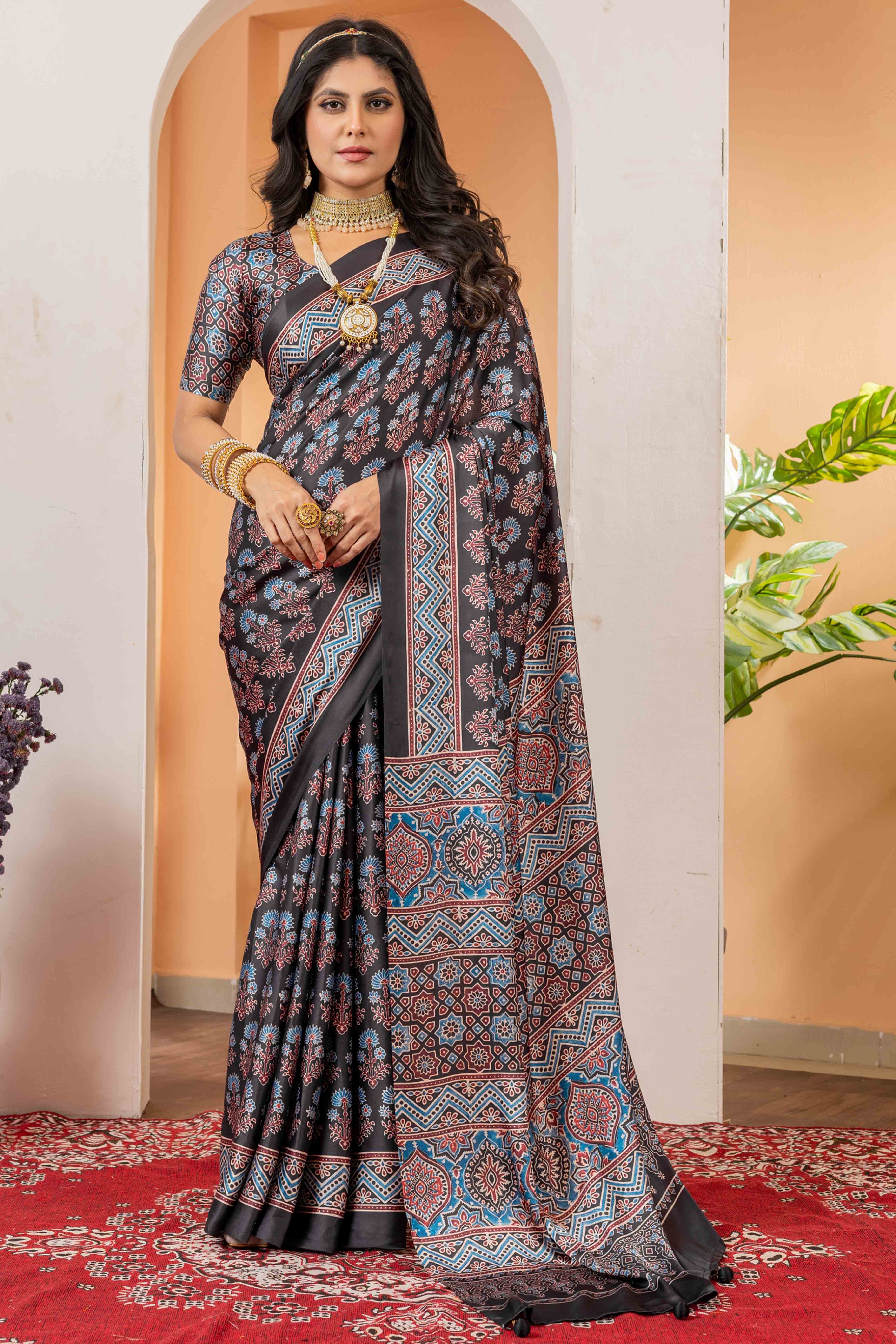 Elegant Black Satin Saree with Floral Patterns