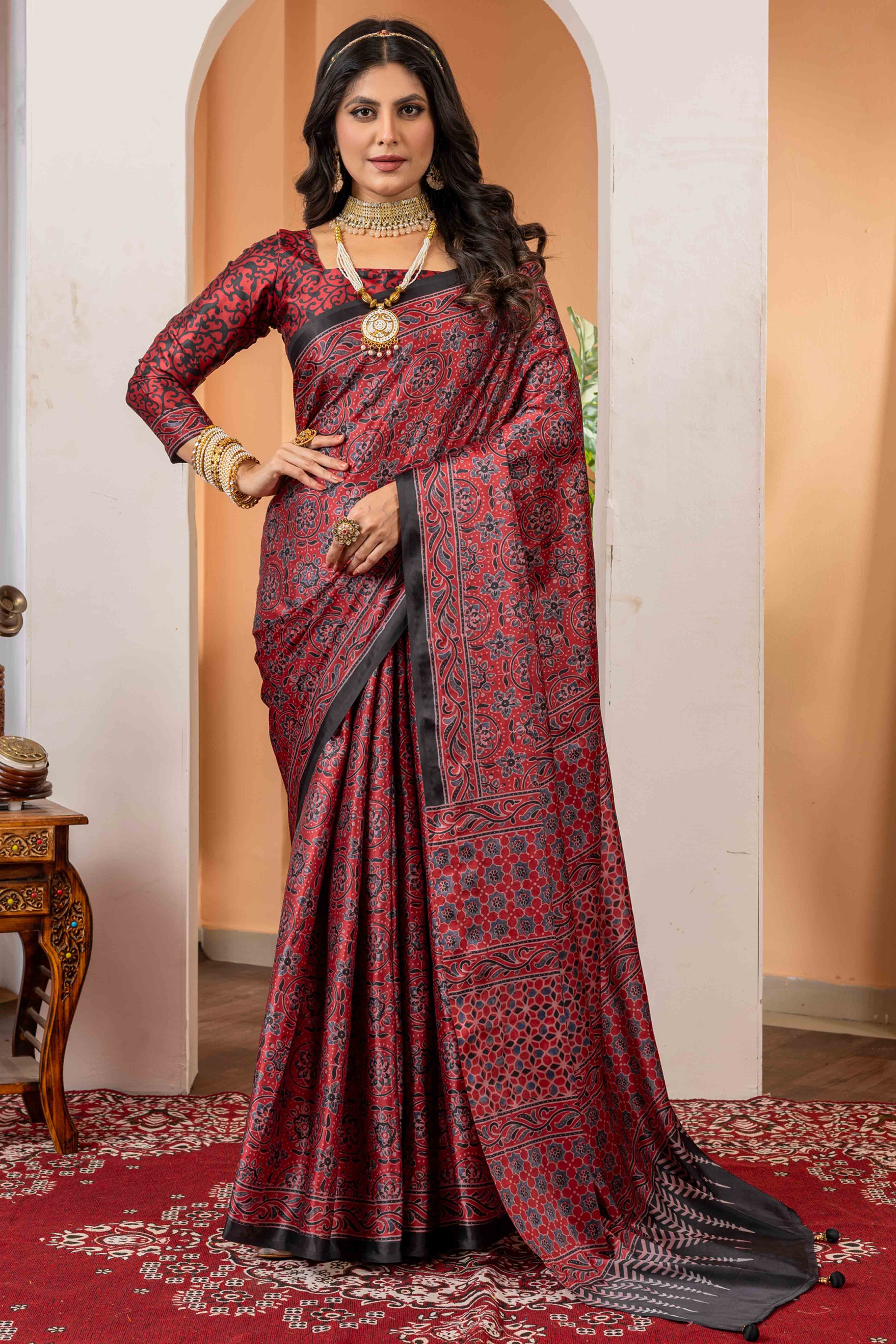 Elegant Maroon Satin Saree with Ajrakh Patterns