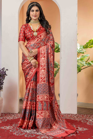 Elegant Red Satin Saree with Floral Patterns