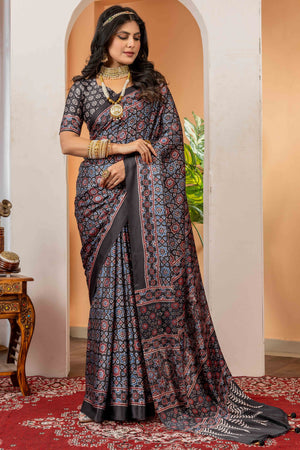 Elegant Black Satin Saree with Ajrakh Patterns