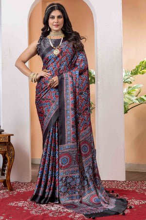 Elegant Black & Red Satin Saree with Ajrakh Patterns