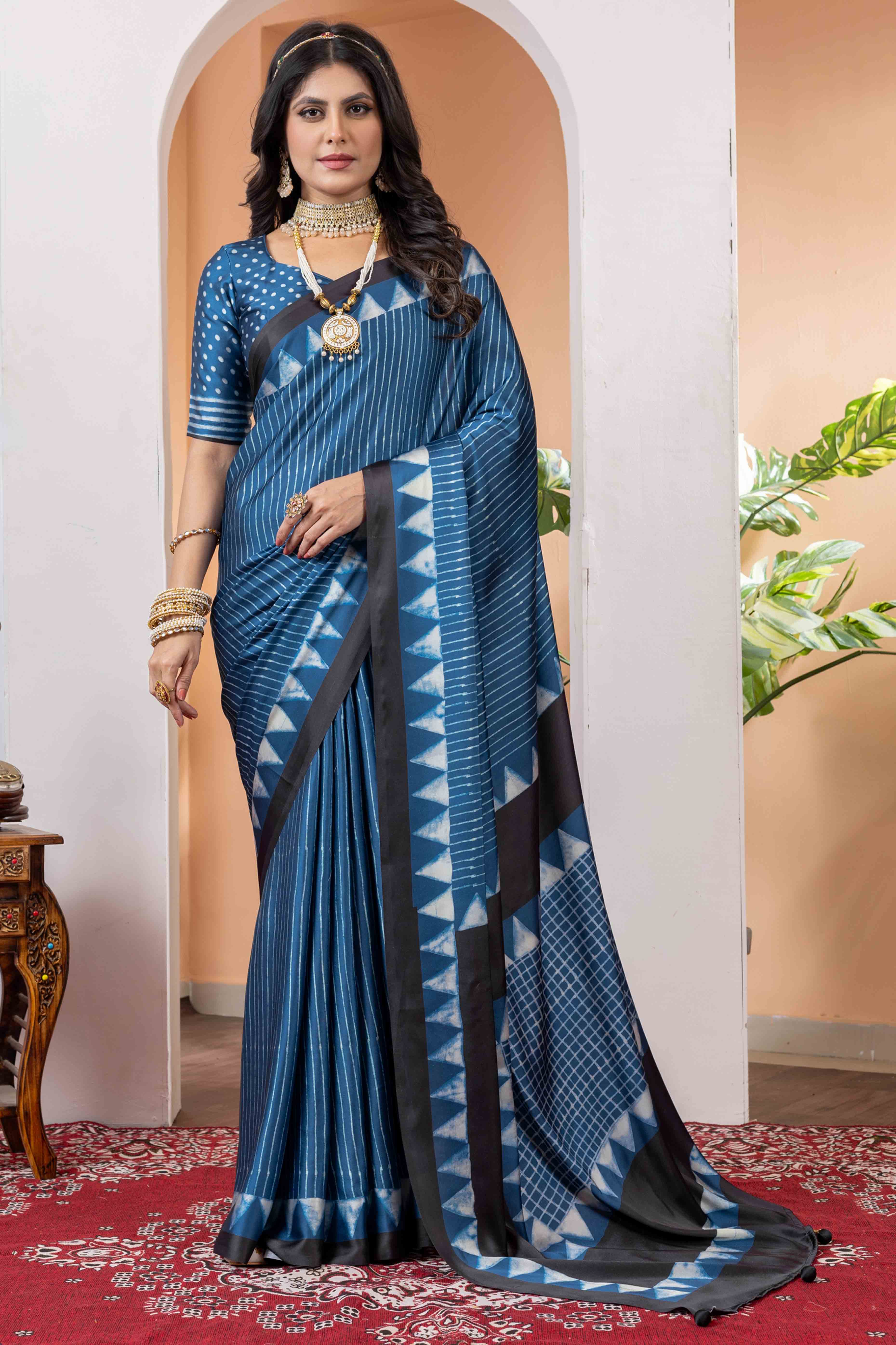 Elegant Teal Satin Saree with Geometric Prints