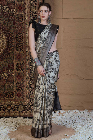 Timeless Off-White Floral Printed Viscose Saree with Traditional Zari Woven Edge
