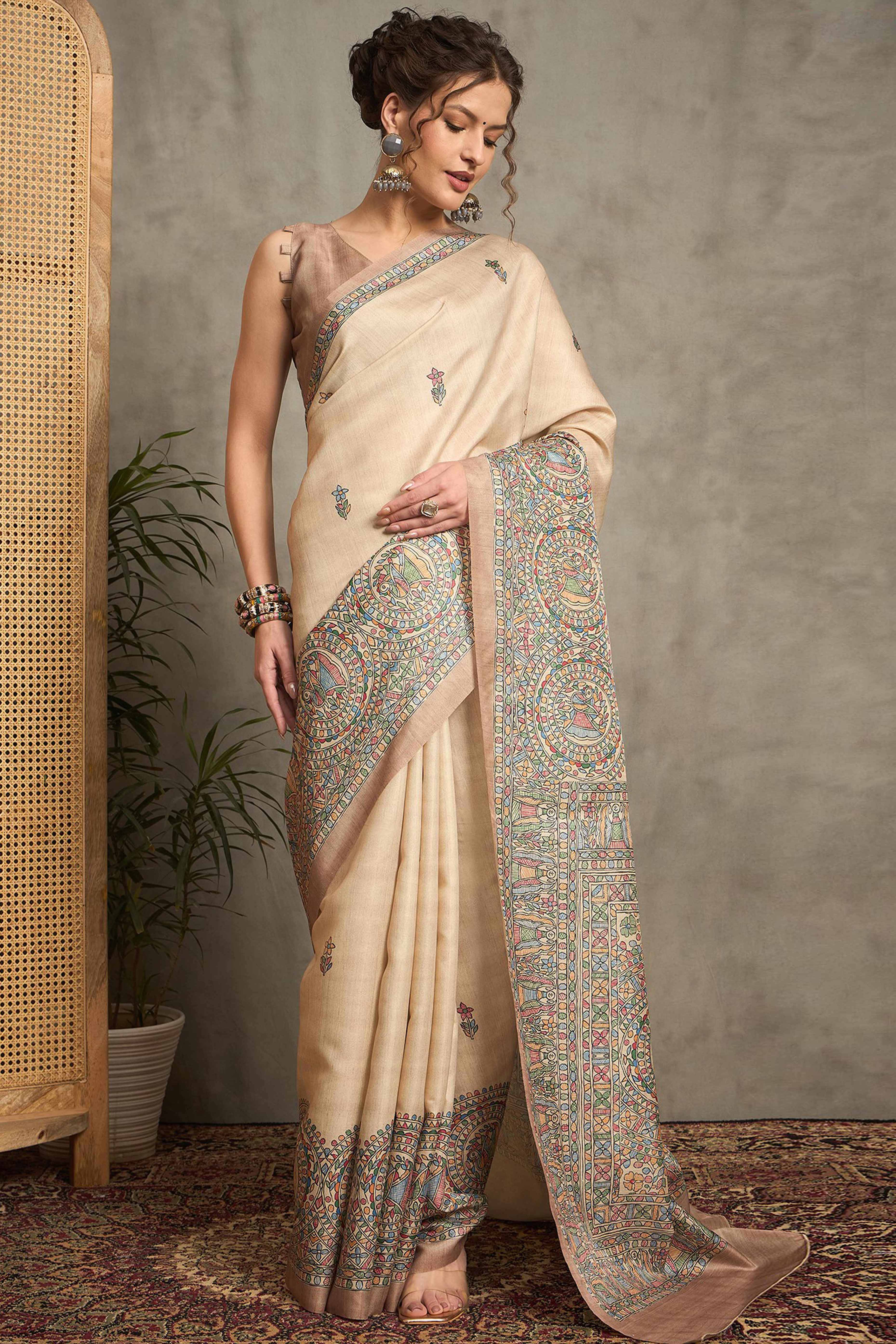 Cream Art Silk Saree with Intricate Madhubani Folk Patterns