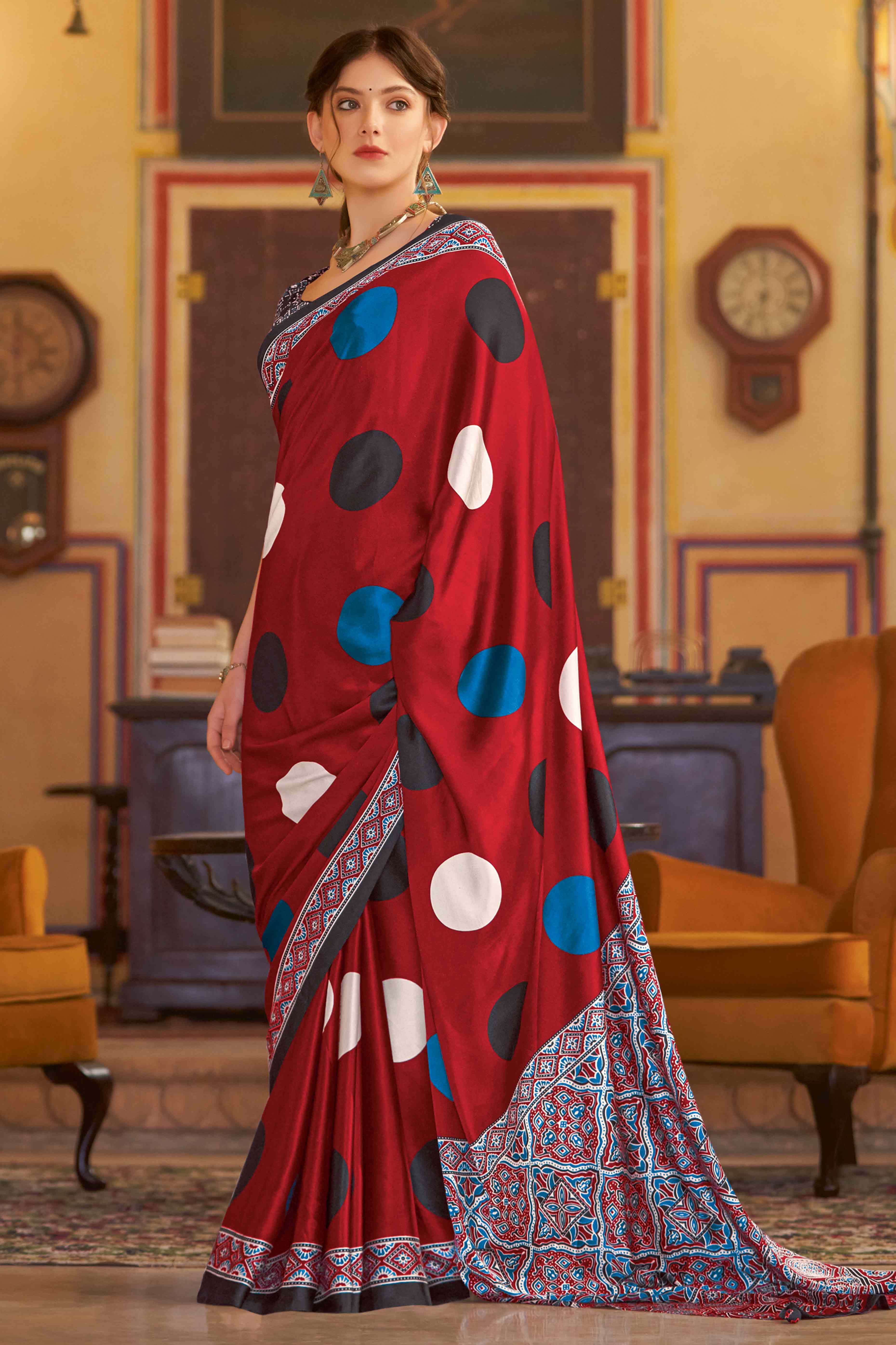 Red Geometric Printed Satin Saree With Tassels