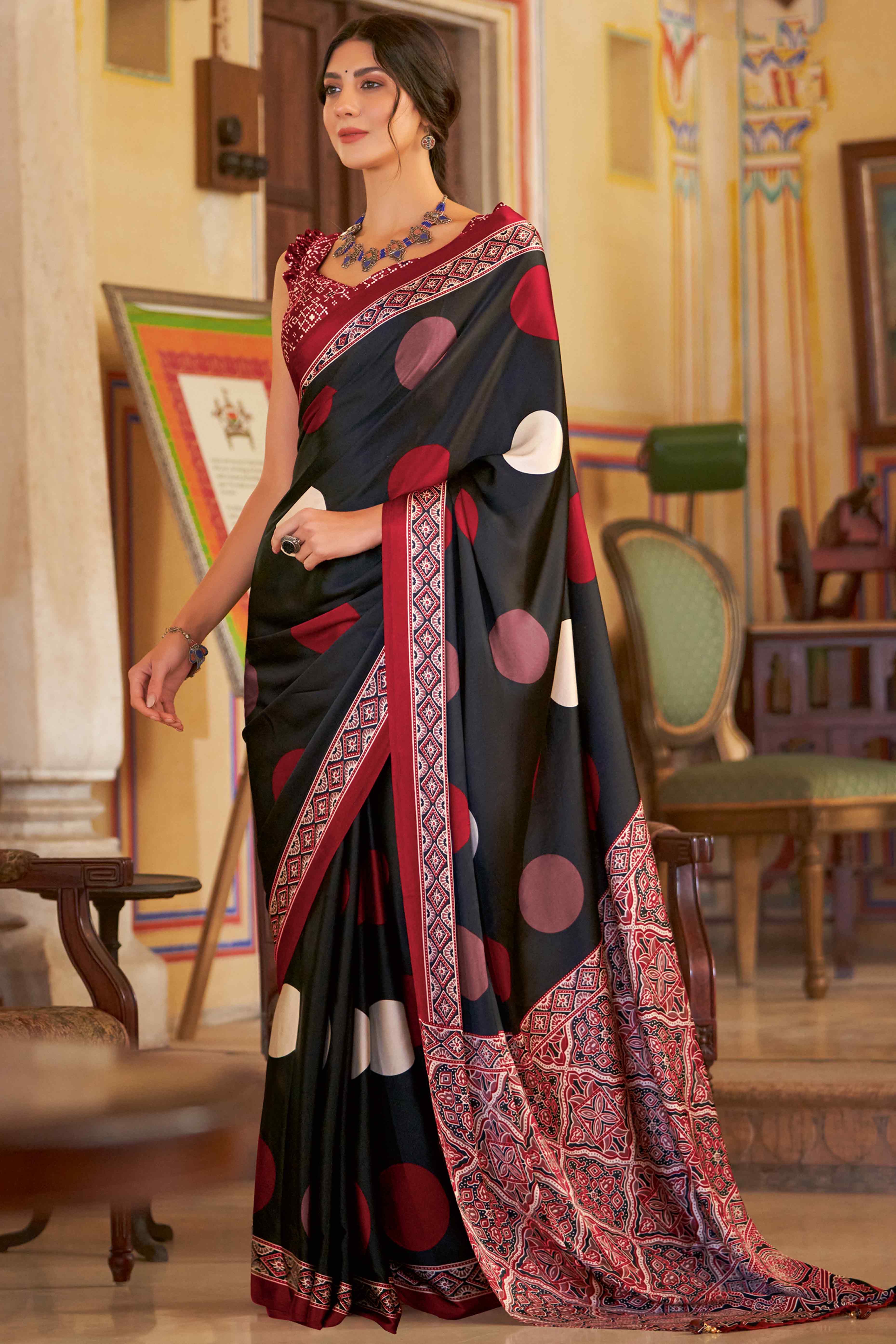10Black Geometric Printed Satin Saree With Tassels