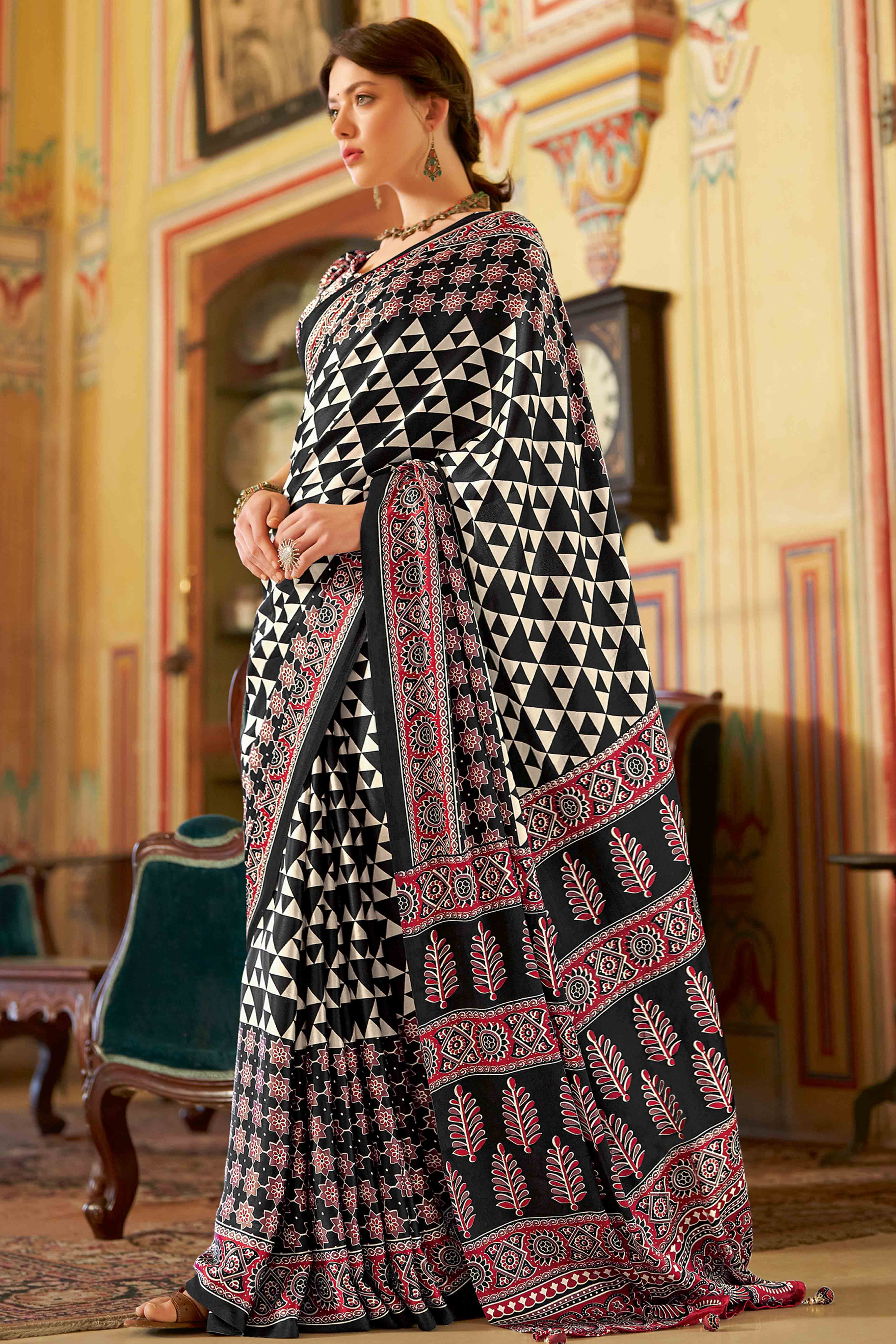 Black Geometric Printed Satin Saree With Tassels