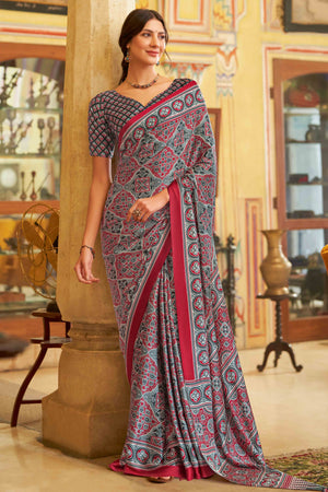 Red & Black Floral Printed Satin Saree With Tassels