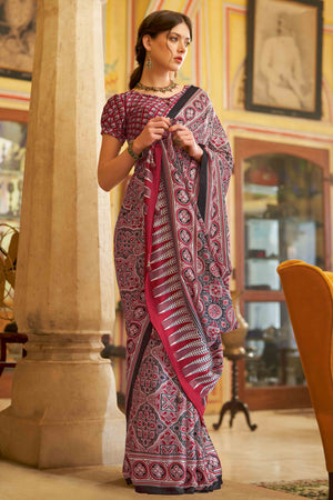 Black & Red Floral Printed Satin Saree With Tassels