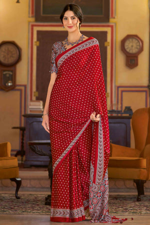 Red Bandhani Printed Satin Saree With Tassels