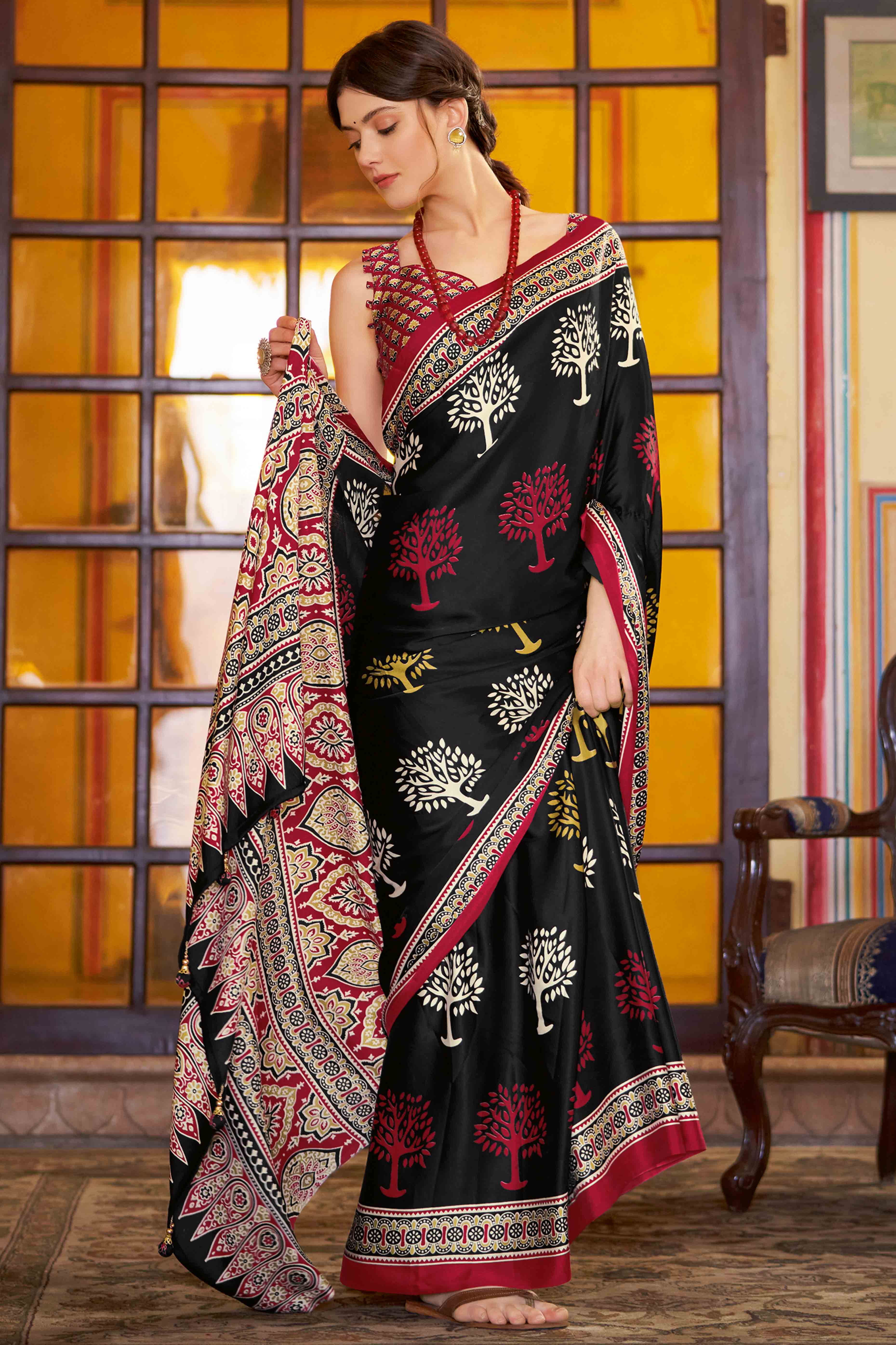 Black Floral Ajrakh Printed Satin Saree With Tassels