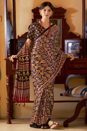 Black Floral Ajrakh Printed Satin Saree With Tassels