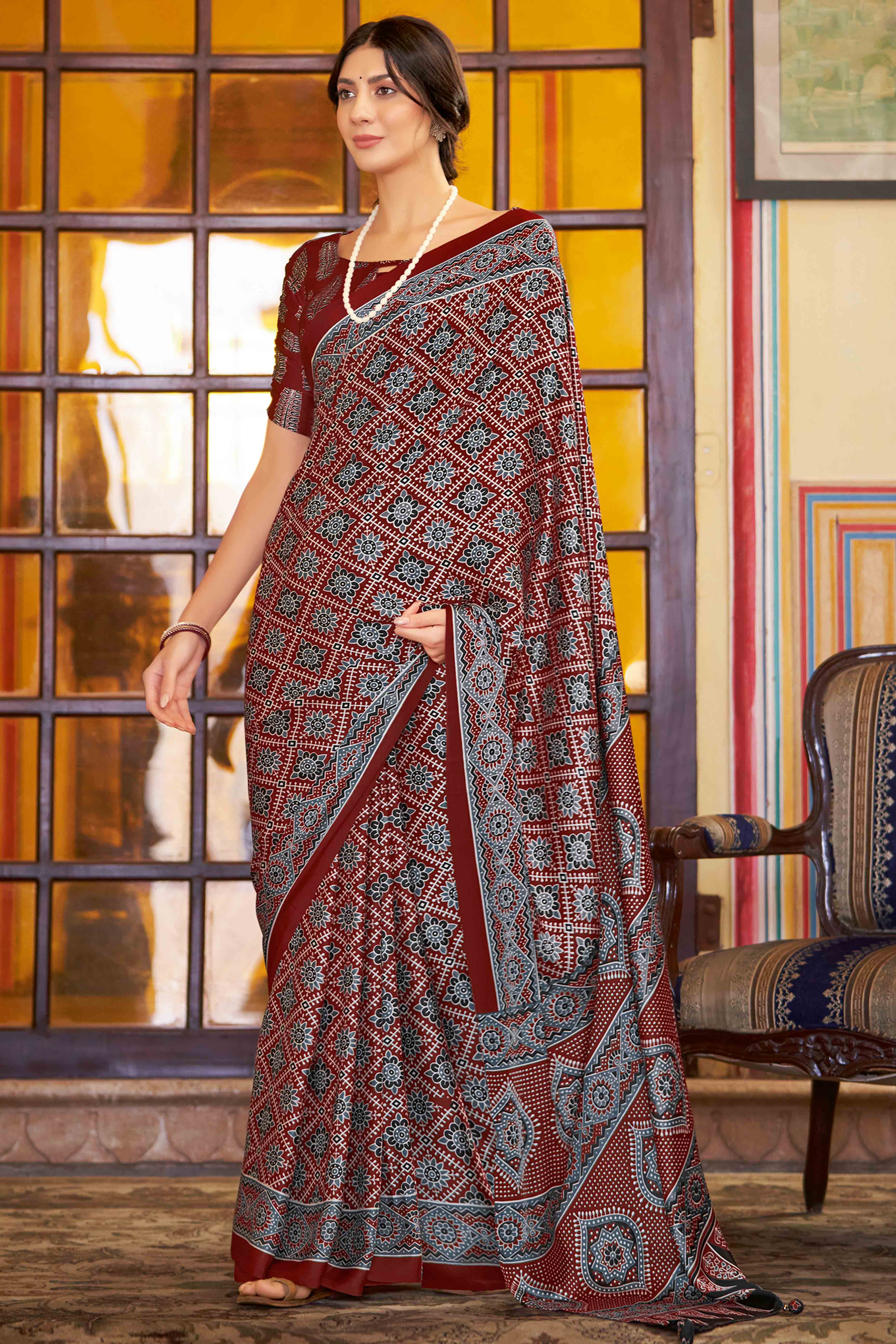 Maroon Floral Ajrakh Printed Satin Saree With Tassels