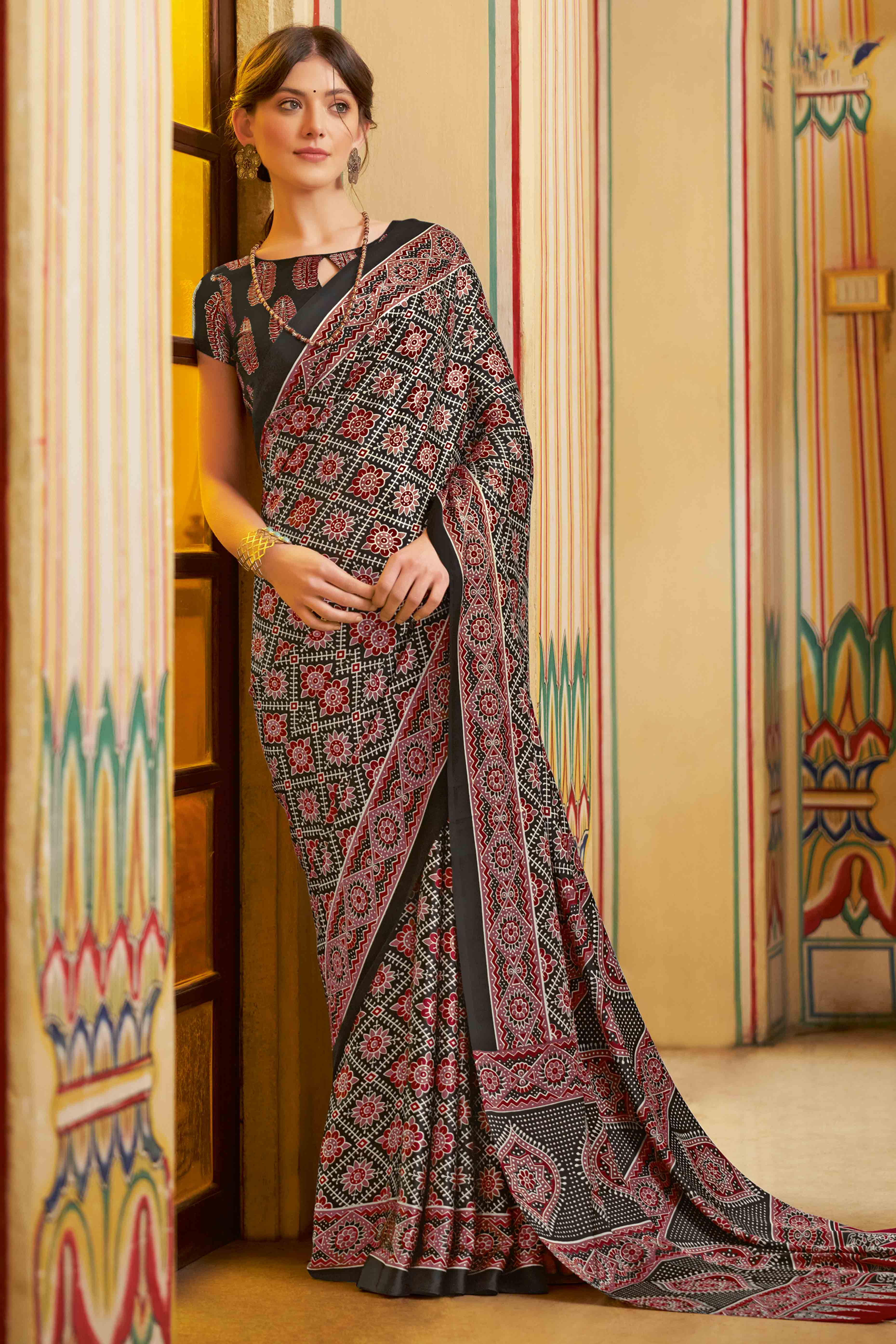 Black Floral Ajrakh Printed Satin Saree With Tassels