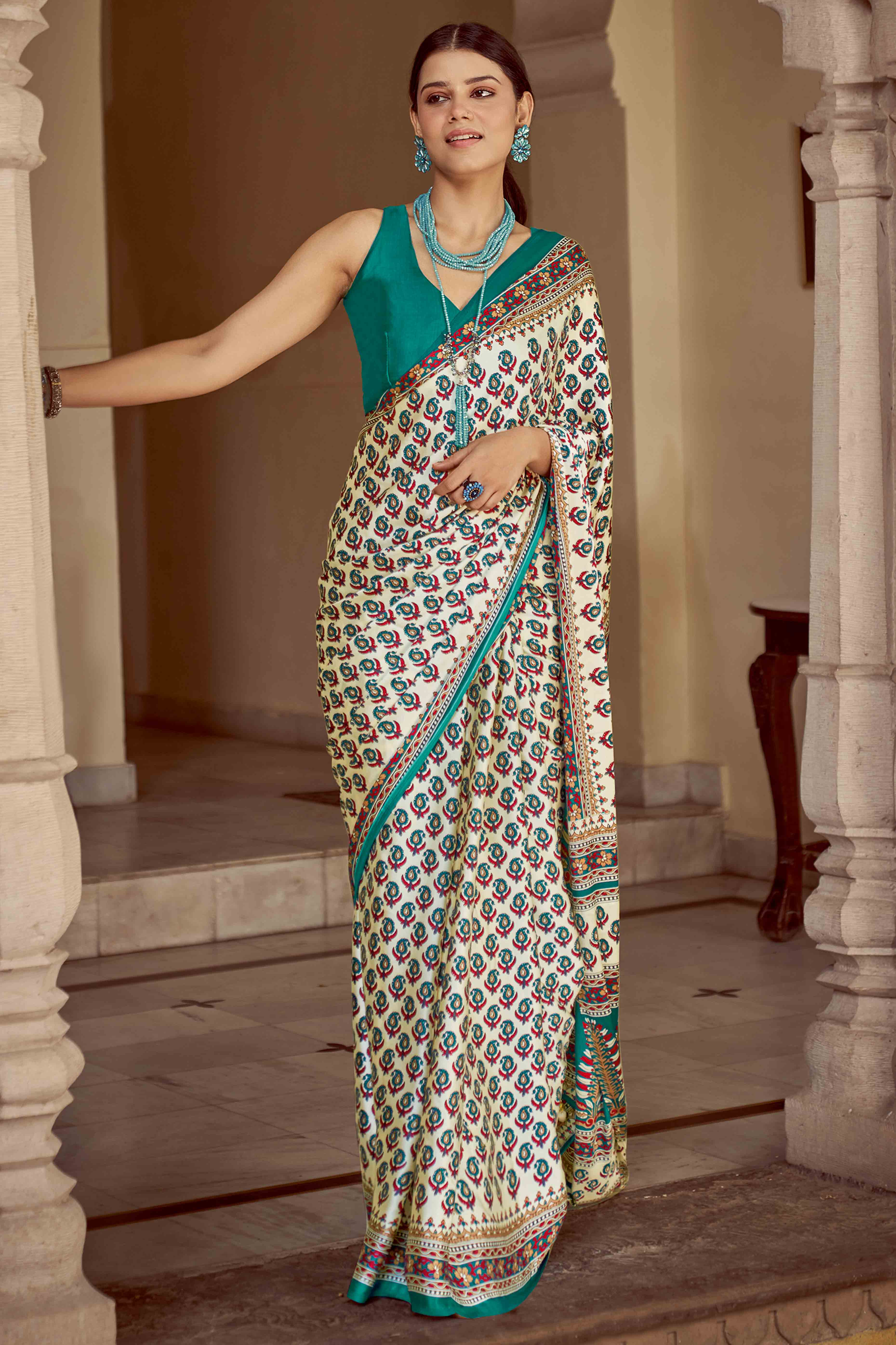 Offwhite & Turquoise Floral Ajrakh Printed Satin Saree With Tassels