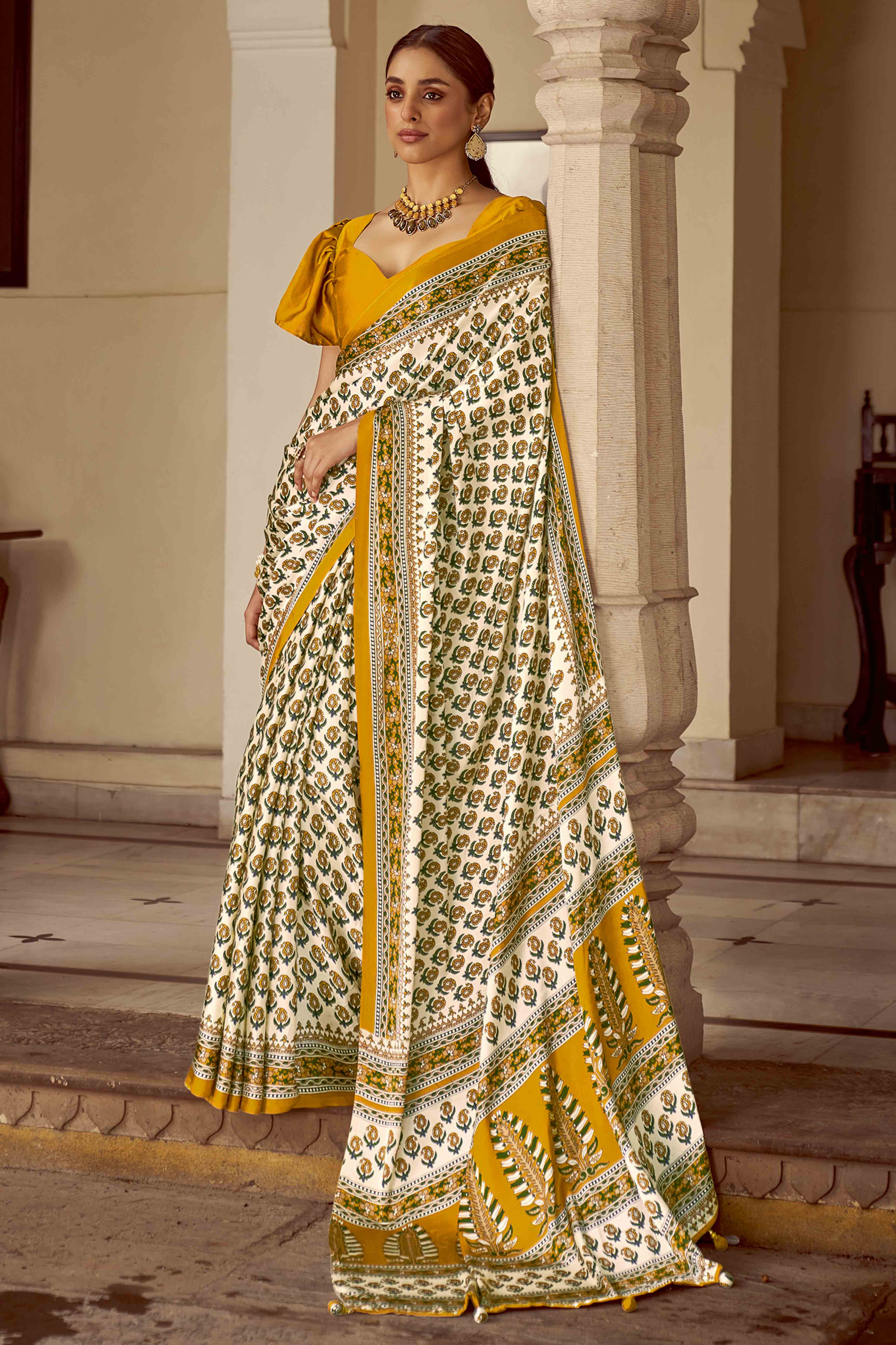 Offwhite & Mustard Floral Ajrakh Printed Satin Saree With Tassels