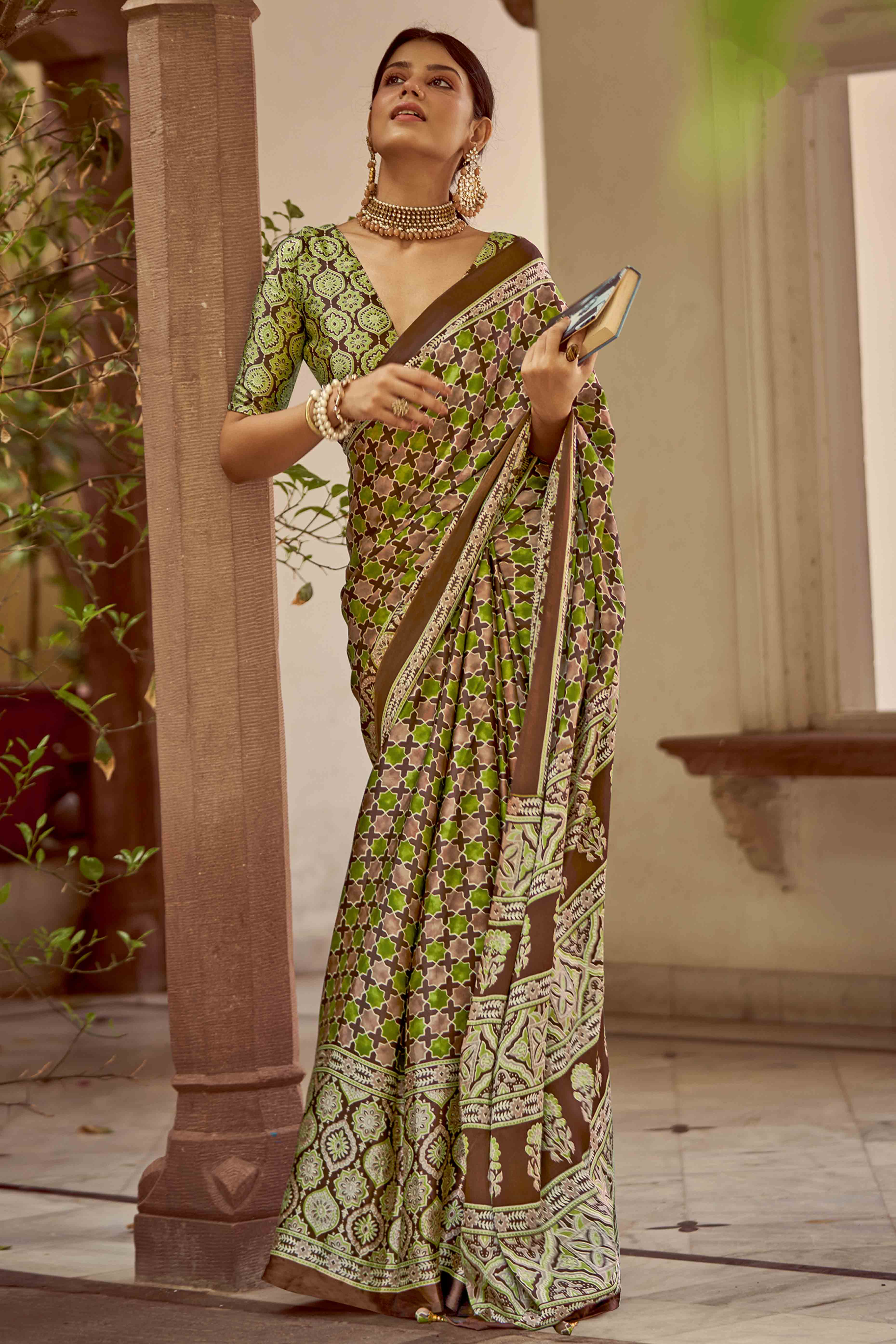 Green Geometric Ajrakh Printed Satin Saree With Tassels