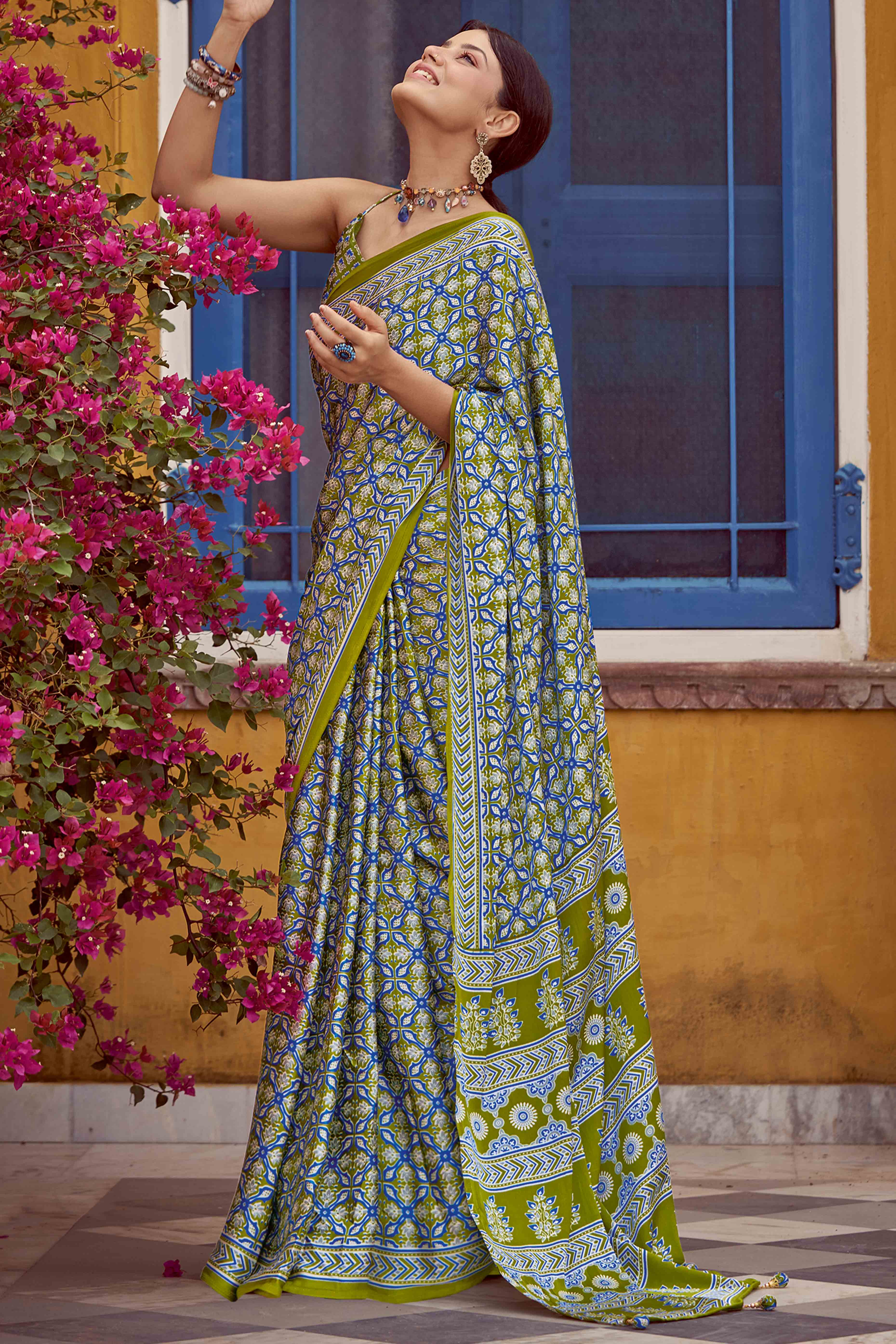 Green & Blue Floral Ajrakh Printed Satin Saree With Tassels
