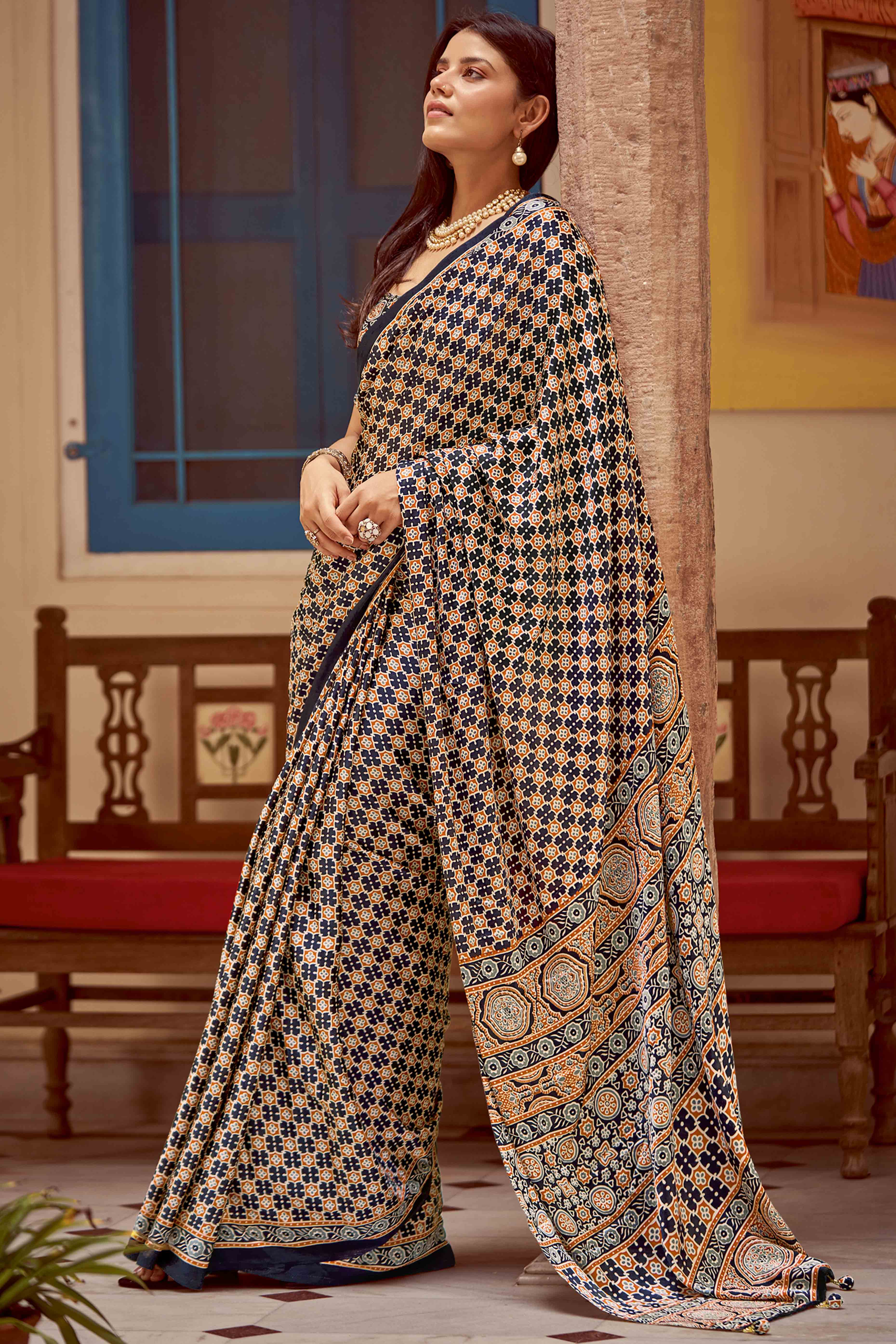 Black Floral Ajrakh Printed Satin Saree With Tassels