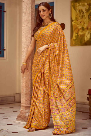 Mustard Floral Ajrakh Printed Satin Saree With Tassels
