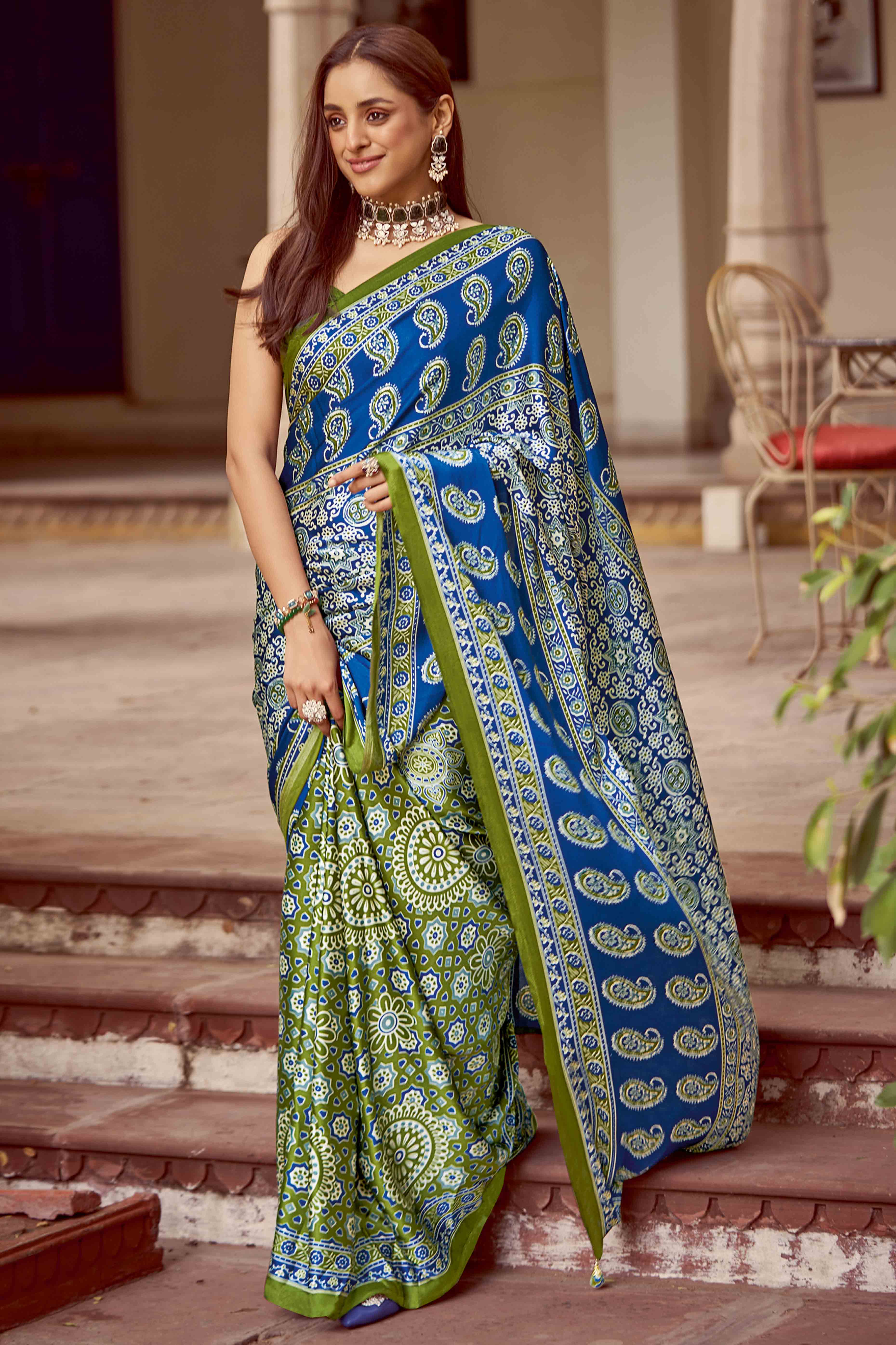 Green & Blue Floral Ajrakh Printed Satin Saree With Tassels