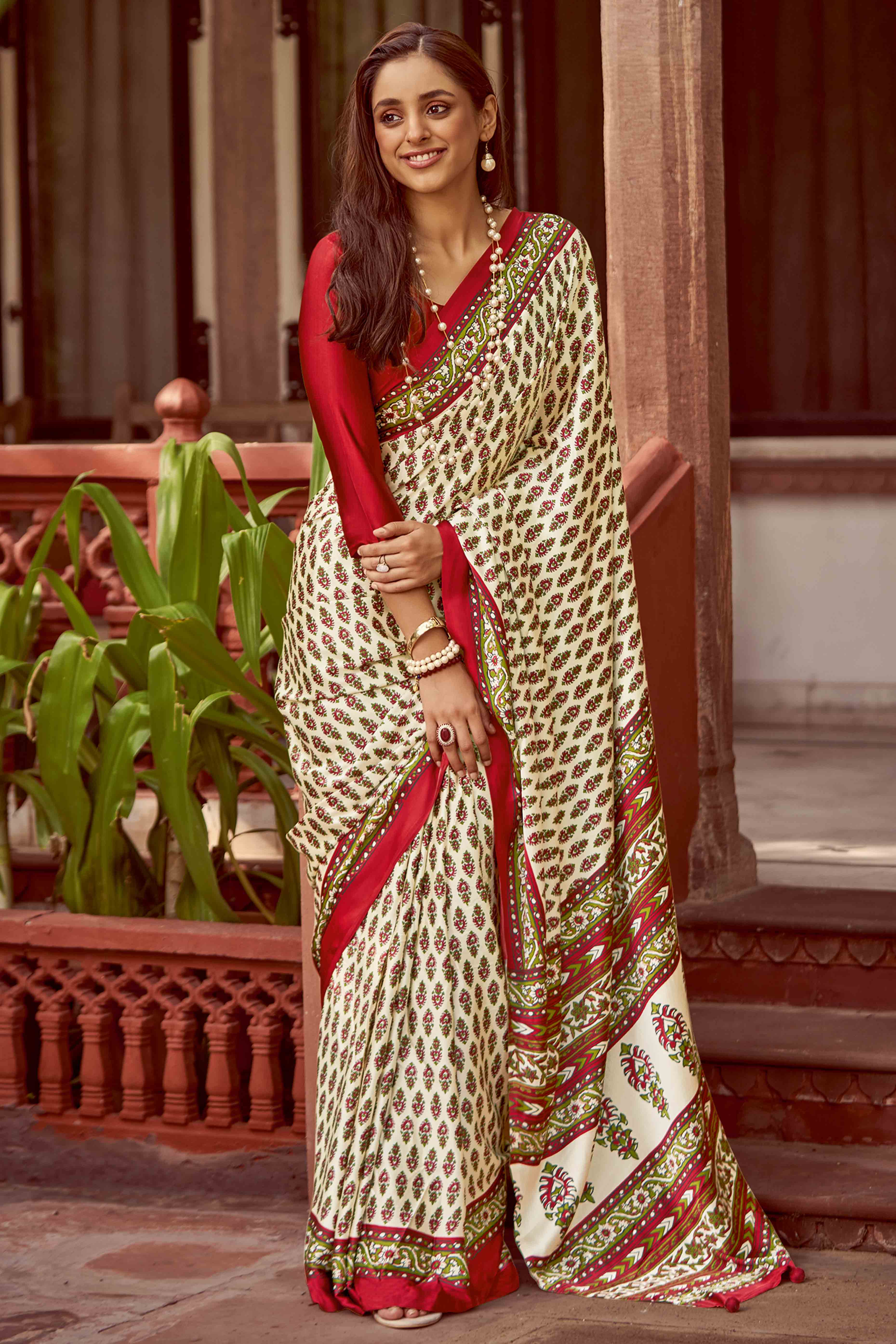 Offwhite & Red Floral Ajrakh Printed Satin Saree With Tassels