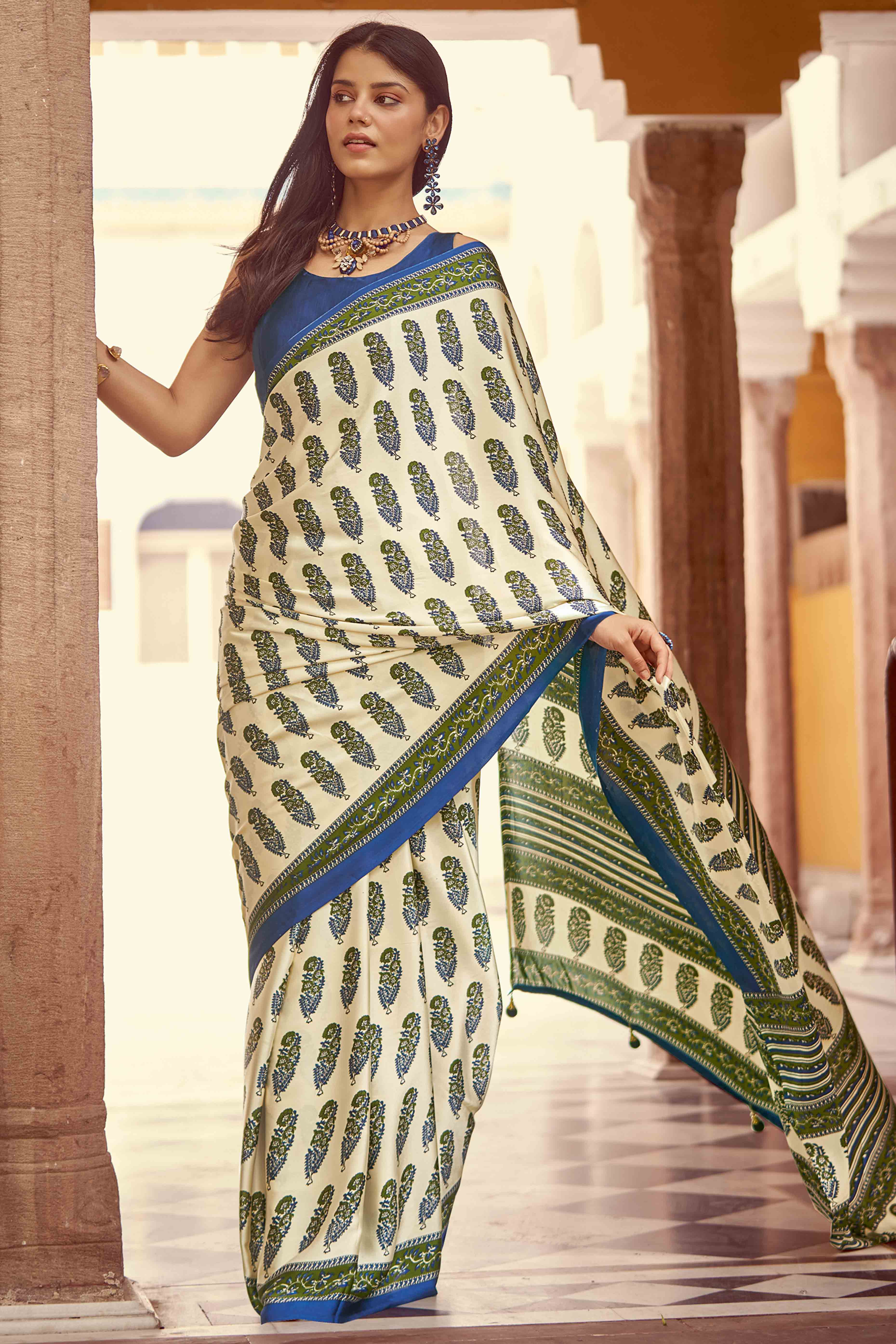 Offwhite & Green Floral Ajrakh Printed Satin Saree With Tassels