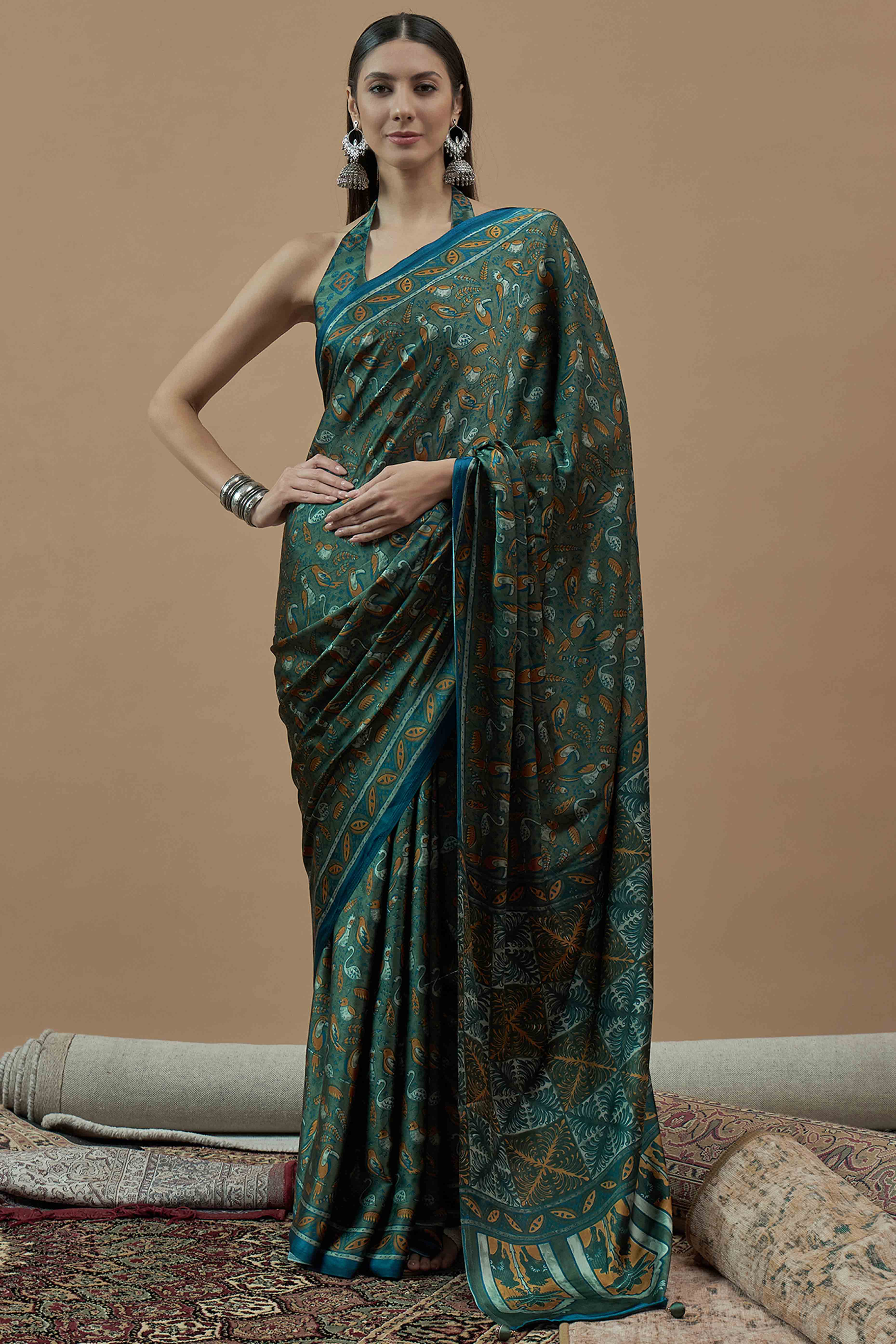 Morpich Green Ajrakh Printed Satin Saree With Tassels